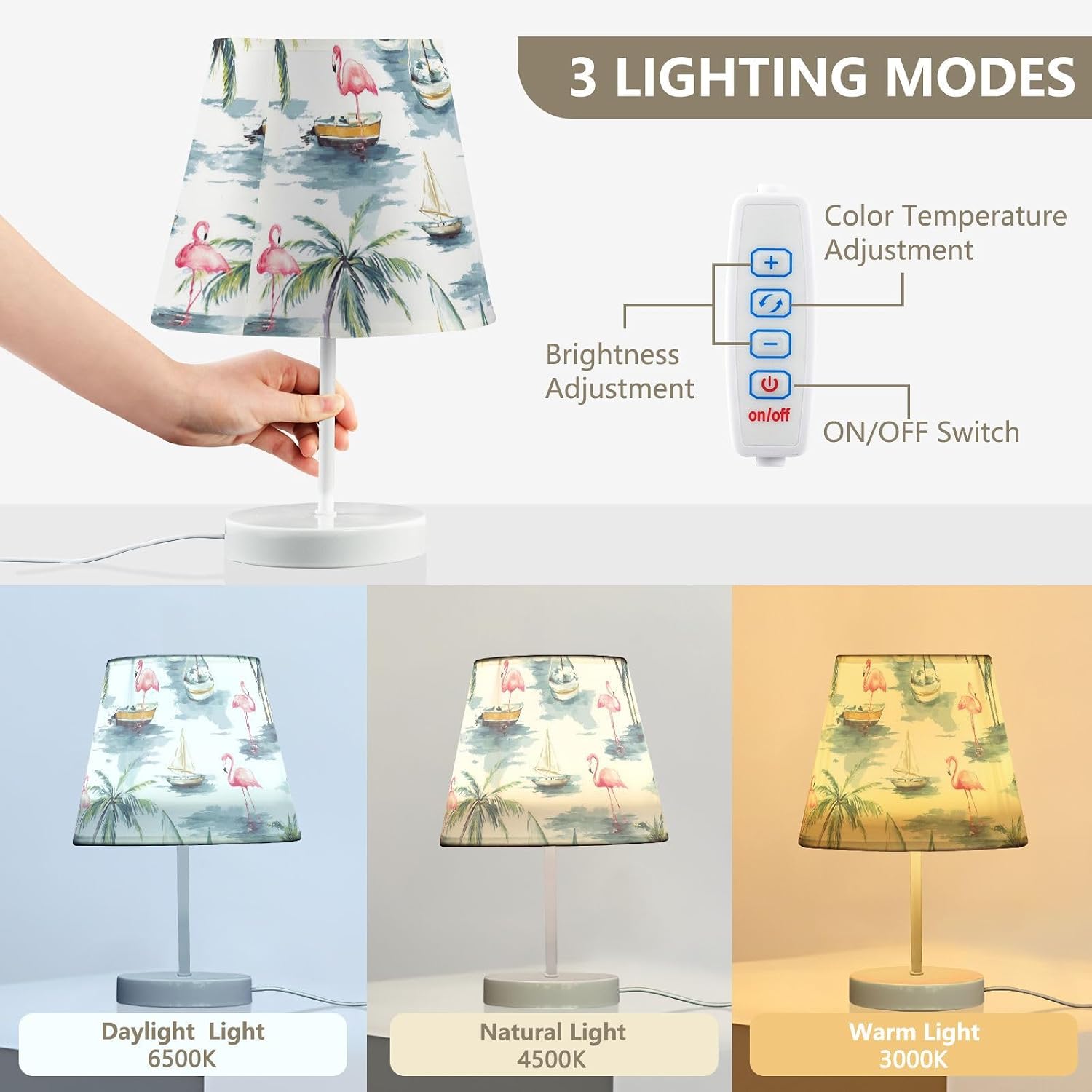 Flamingo Tropical Palm Trees 3 Colors Dimmable LED Table Lamp,11.8" Linen Shade Bedside Nightstand Decor Night Light for Home Bedroom Living Room Desk Cafe image 3
