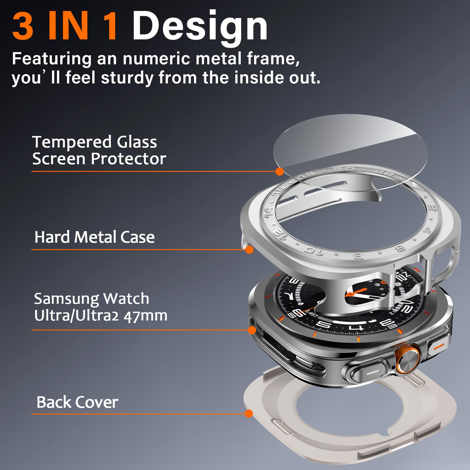 Amizee Numeryczna metalowa obudowa kompatybilna z Samsung Galaxy Watch Ultra/Ultra2 z osłoną ekranu 47 mm, twarda ultra cienka tylna obudowa zderzaka do Galaxy Watch 7/8 Ultra, srebrna