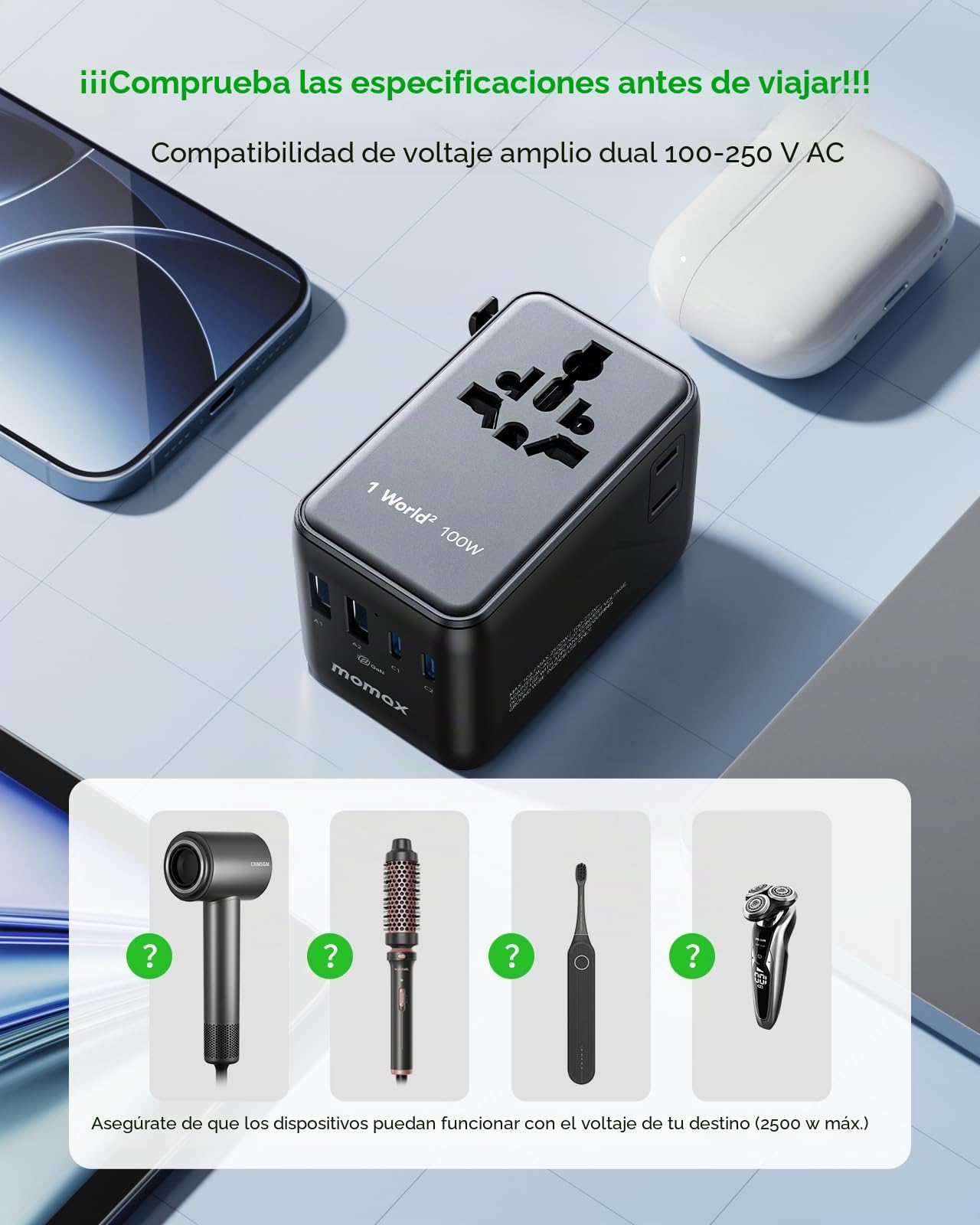 MOMAX Adaptador Enchufe Universal, 100W GAN Enchufe Universal con 2 USB C y 2 USB A, Adaptador Universal Enchufe Viaje, Adaptador de Viaje para Inglaterra, EE. UU., Japón, Tailandia y Australia