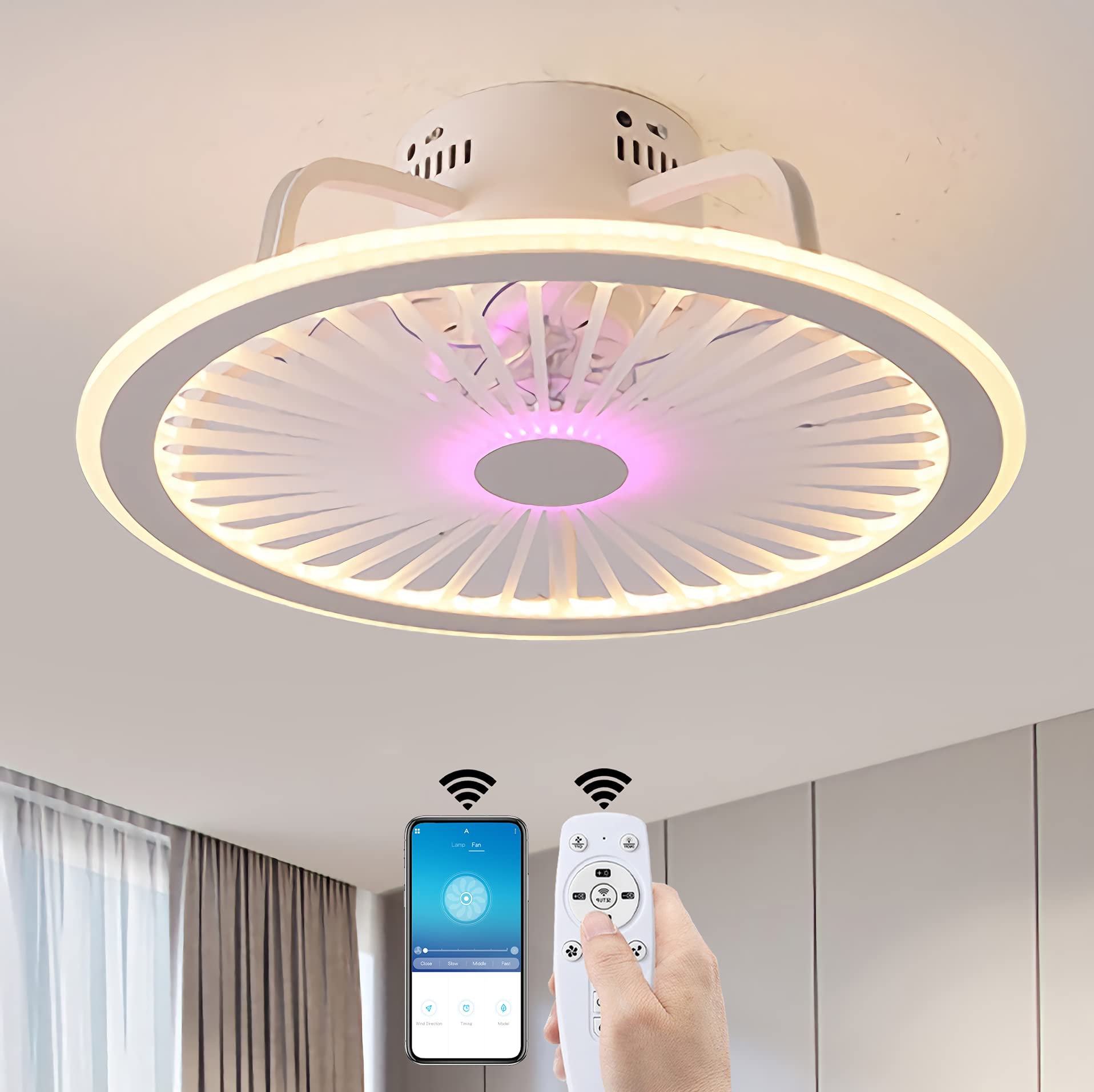 YUNZI LED Ventiladores de Techo con Luces Luz del Dormitorio App y Control Remoto Regulable Ventilador de Techo Silencio 3 velocidades Lámpara para Sala de Estar Encendiendo,Rosado