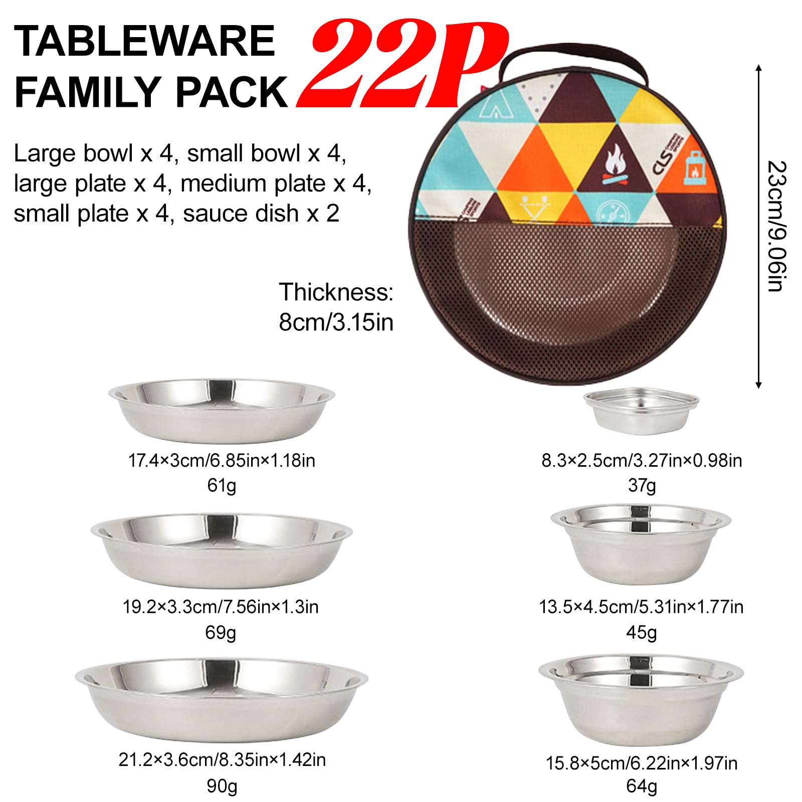 22 pezzi di set da campeggio in acciaio inox, set di stoviglie, confezione famiglia con ciotole, piatti, ciotole e borsa per il trasporto portatile, confezione leggera perfetta per campeggio, picnic