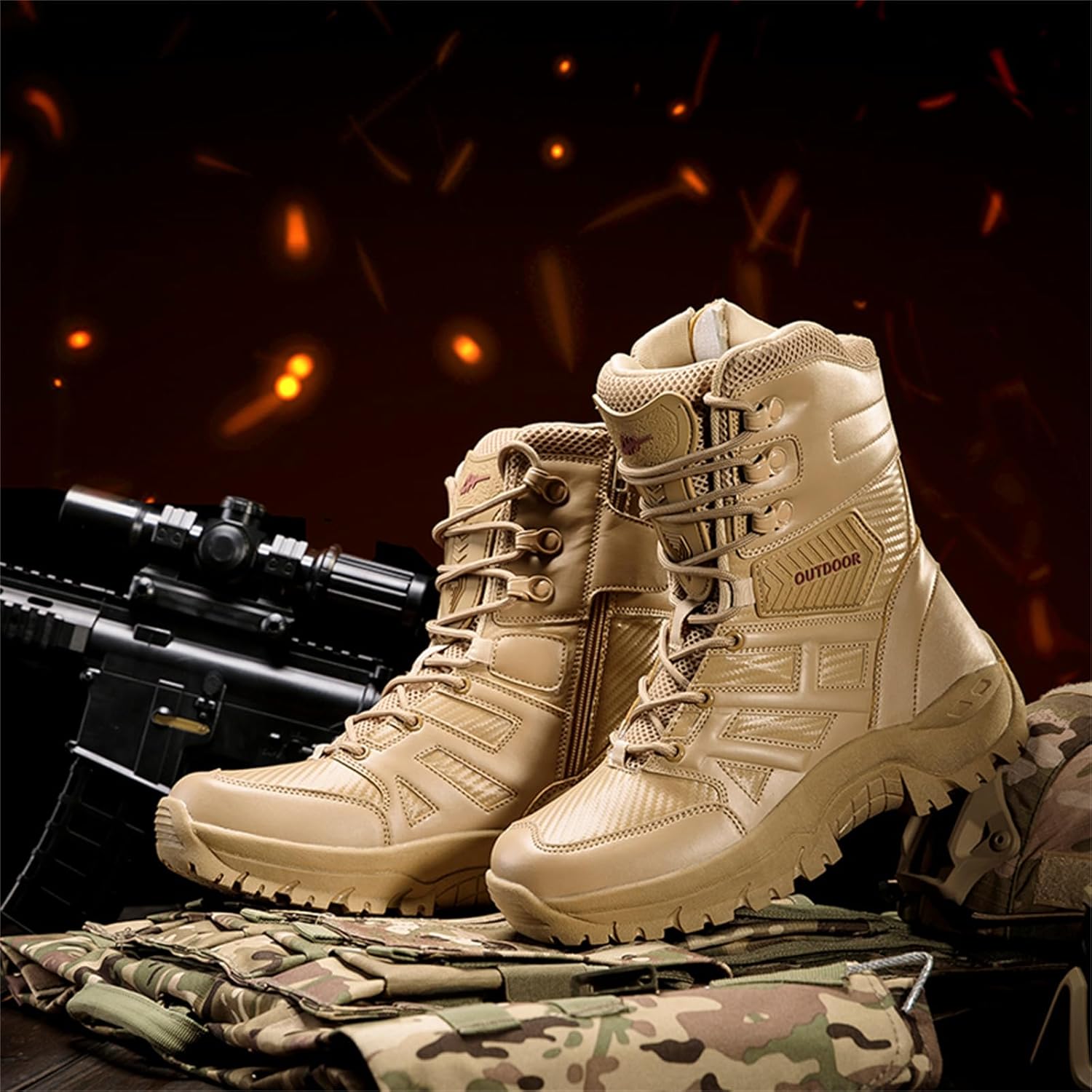 Men's Leather Mesh Lace Up Military Tactical Boots Lightweight Non Slip Sole Jungle Desert Hiking Motorcycle Boots for Mountaineering Trekking Backpacking Training Work Army Outdoor