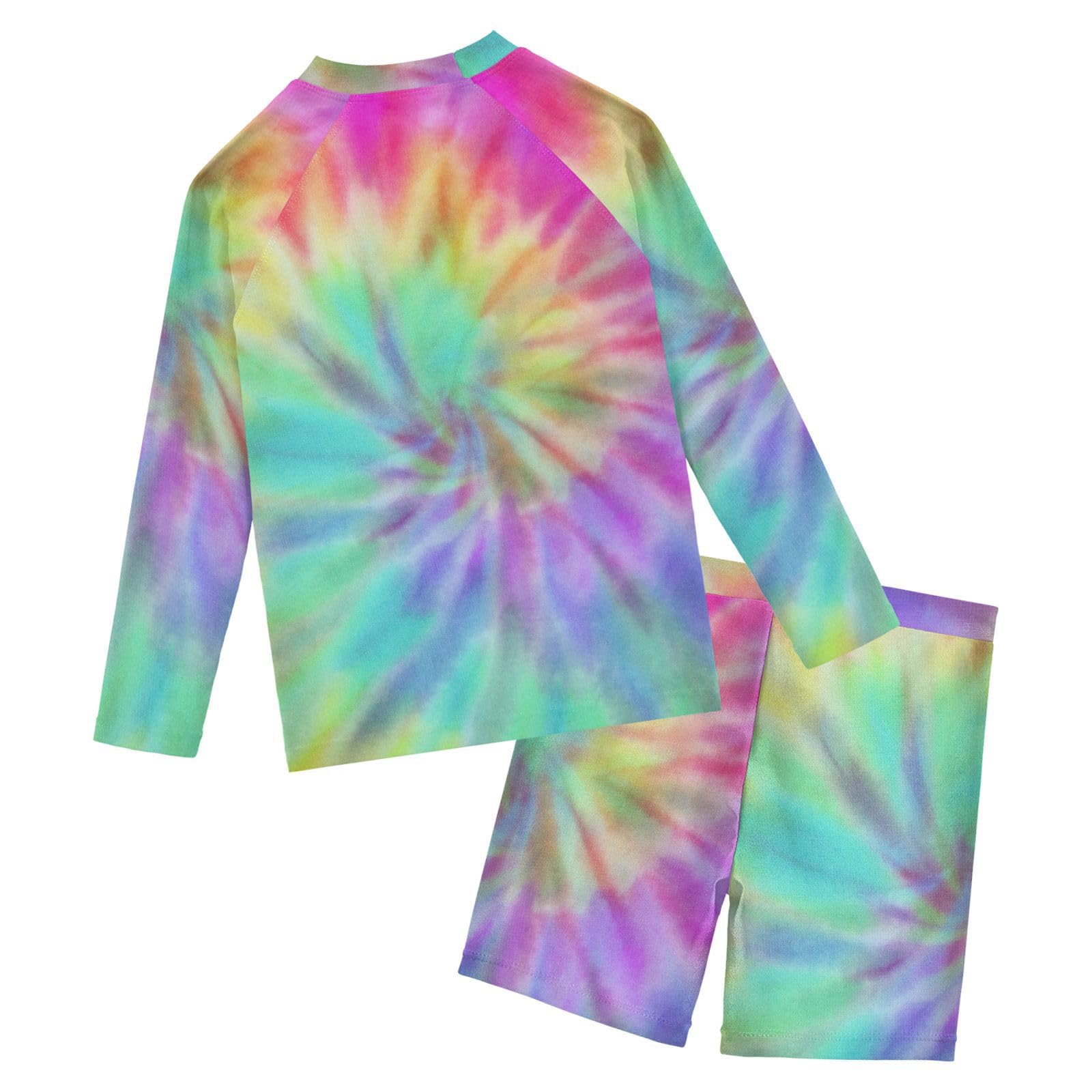 Aflyko Kids' Bathing Suit Set Tie Dye Shibori Rainbow Long Sleeve Swim Tops with Shorts Summer Vacation Pool Party Rashguard Fun Cute Infant Beachwear, 4T