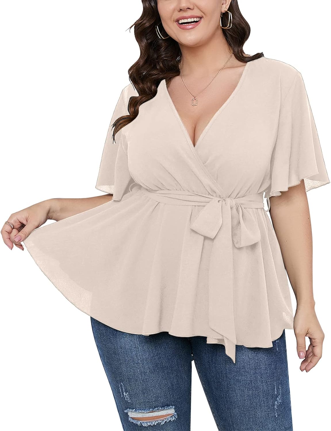 SCOMCHIC Women's Plus Size Short Sleeve V Neck Wrap Belted Ruffle Peplum Blouse Tops