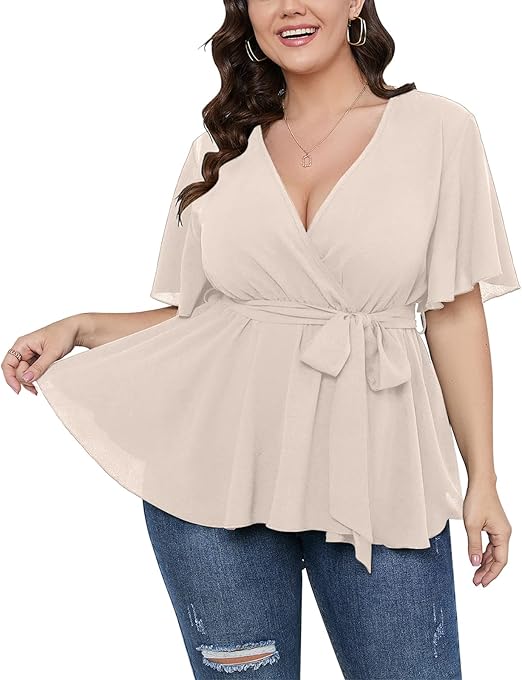 SCOMCHIC Women's Plus Size Short Sleeve V Neck Wrap Belted Ruffle Peplum Blouse Tops