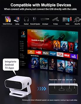 Projector Mini Smart, with Wifi and Bluetooth, 220 ANSI 1080P HD, Built-in Apps, Portable Outdoor Bedroom Movie Projector, for Phone, Android TV, Auto Zoom Keystone, 360 Rotatable Stand Proyector
