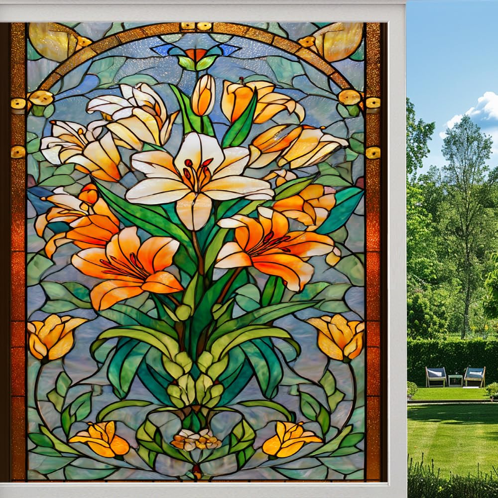 Pmlbaous Colorful Lilies Frosted Window Film, Natural Garden Flower Plants Stained Glass Privacy Film, Heat Insulation Self-Adhesive Vinyl For Bathroom Office, （80X140cm）