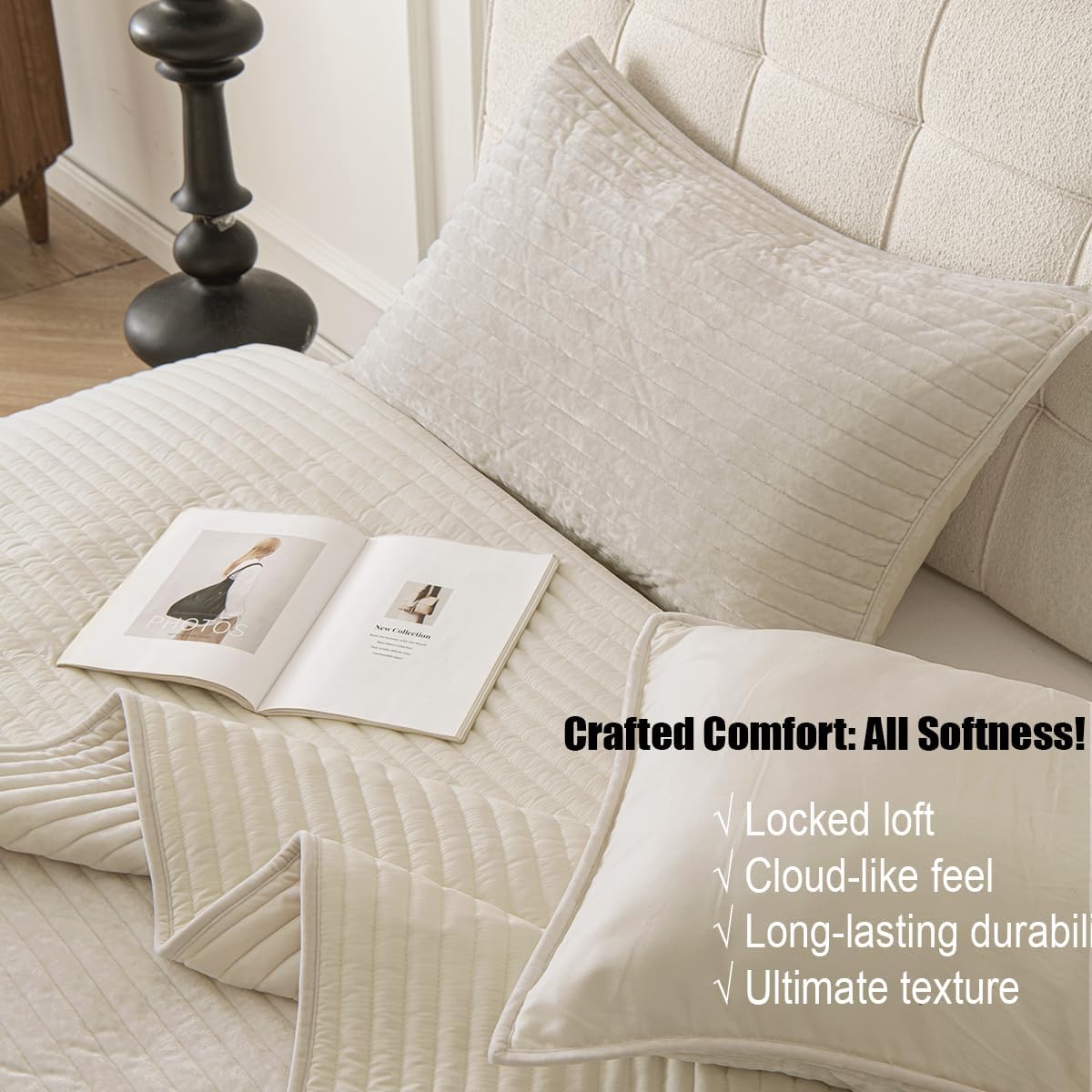 Velvet Oversized King Size Quilt Set 3 Pieces Striped Bedspread All-Season Bedding Set Soft Comfort Coverlet 120x120 with 2 Pillowcases 20x36,Beige - Image 2