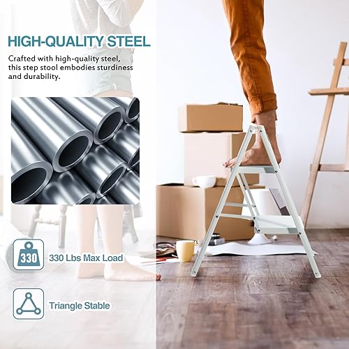 Miniatura 3 de BOCOM Escalera de 2 escalones, ligera, portátil, plegable, plegable, resistente, de acero con pedal ancho antideslizante, capacidad de 330 libras,