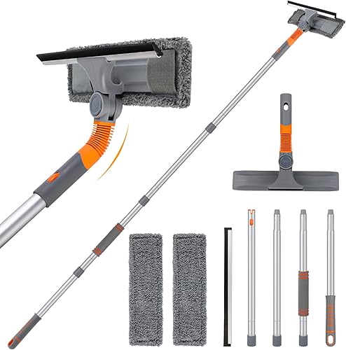 Limpiador de escobilla de ventana, kit de limpieza 2 en 1 con poste de extensión, equipo de lavado de ventanas con cabezal flexible, herramientas de