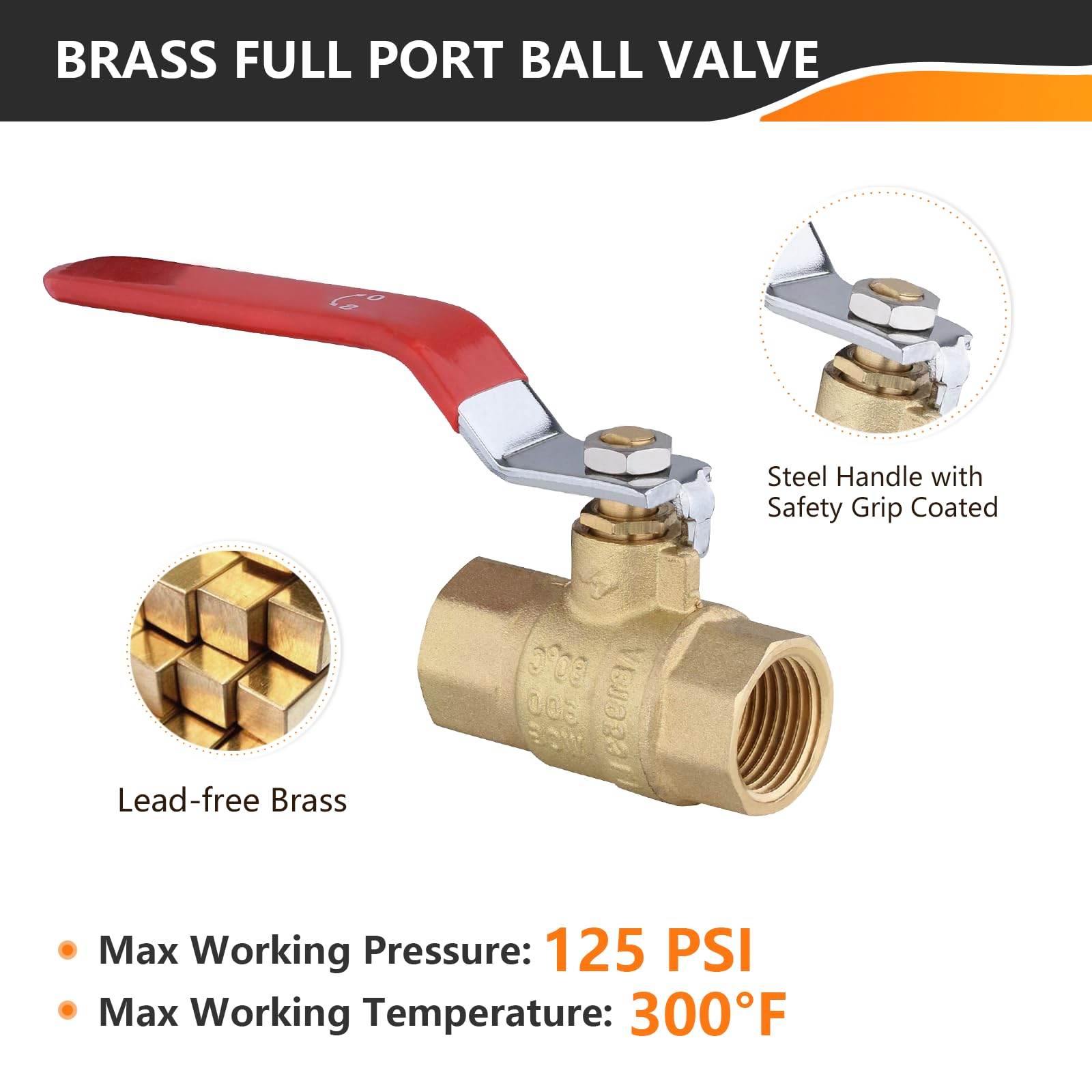 HeSun Lot de 5 robinets à boisseau sphérique filetés FIP de 1,9 cm, vanne d'arrêt à port complet en laiton, 1,9 cm NPT femelle x 1,9 cm NPT, 600 WOG (eau, huile et gaz), rouge
