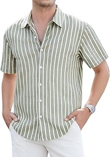 Damipow Mens Linen Shirts Short Sleeve Cotton Striped Button Down Shirt | Cotton Linen Blend, Classic Stripes, Business Casual Wear, Easy Care, Beach Vacation & Cruise, Button-Up Shirt