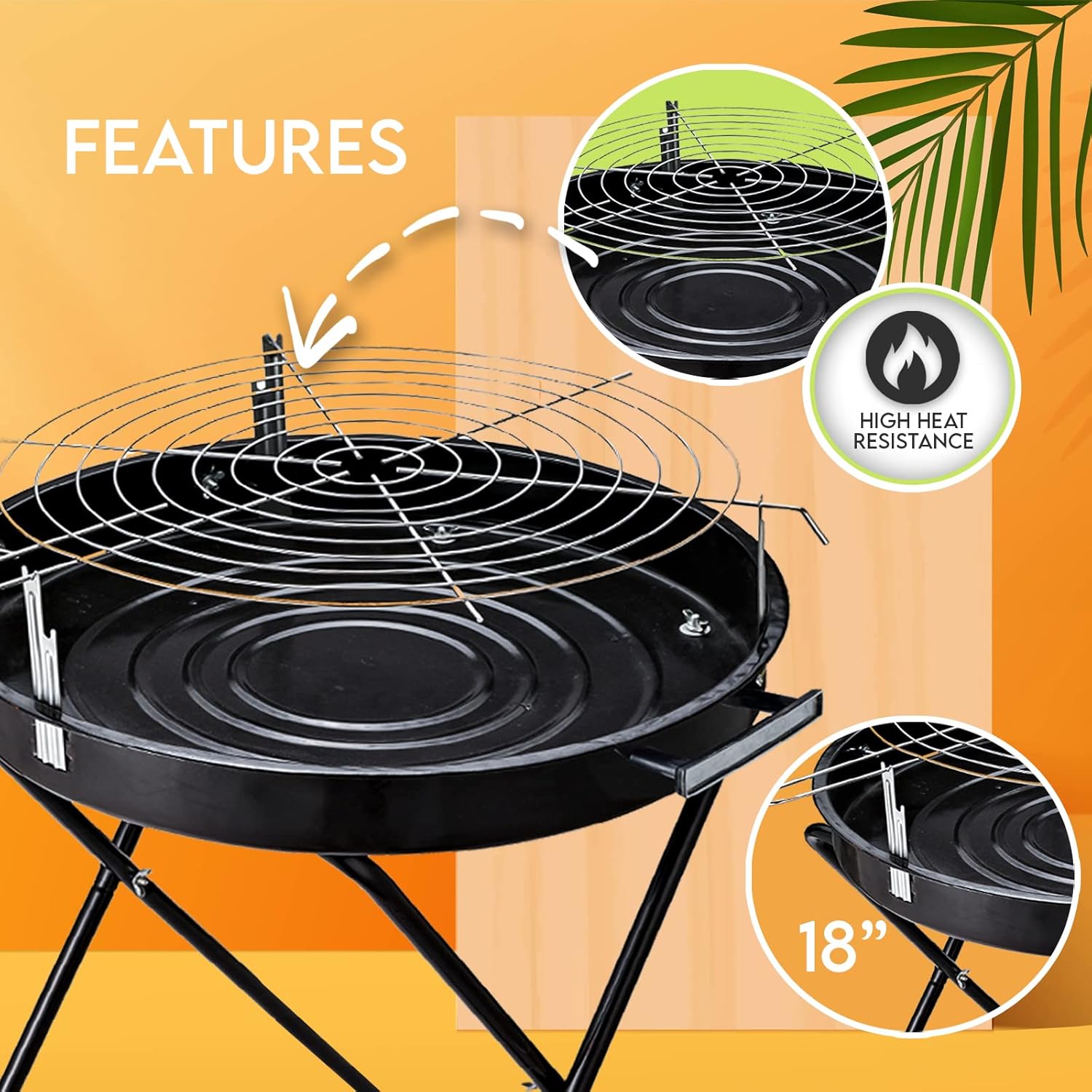 PAMI Portable BBQ Charcoal Standing Grill,24” Round Medium Grill with Handles For Courtyard
