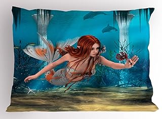 Ambesonne Mermaid Pillow Sham Set of 2, Lifelike Mermaid Holding a Sea Lily Magic Aquatic World Theme, Quality Microfiber Bedding Item for All Seasons, 36