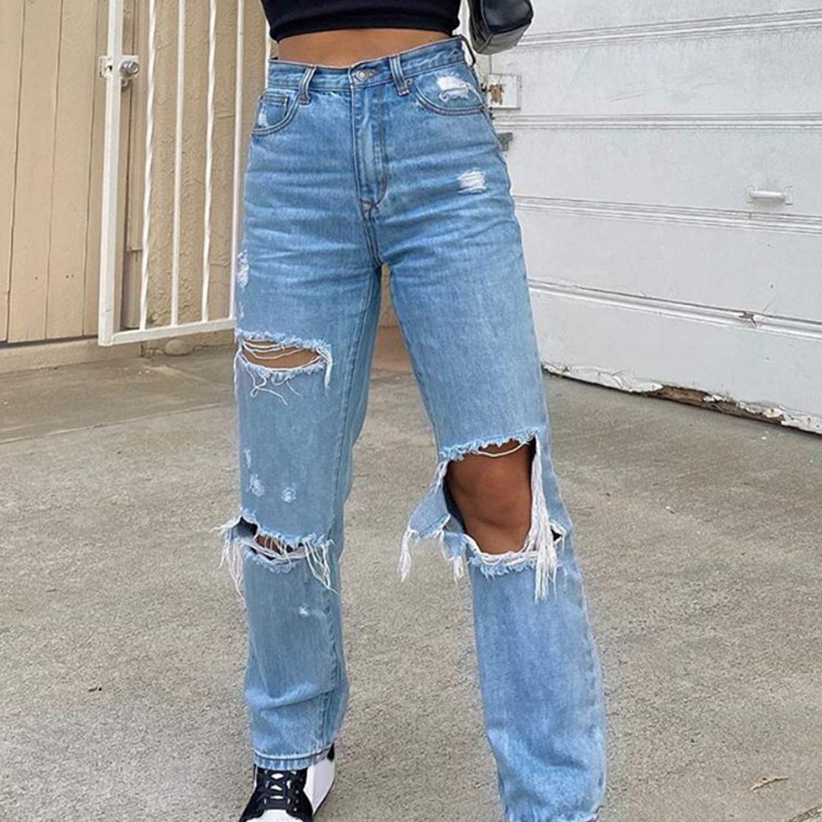 Pantalones vaqueros para mujer, cintura alta, con agujeros rectos, para adolescentes, niñas, boyfriend destruidos, informales, elásticos, elegantes, pantalones desgarrados, pantalones holgados Y2k,