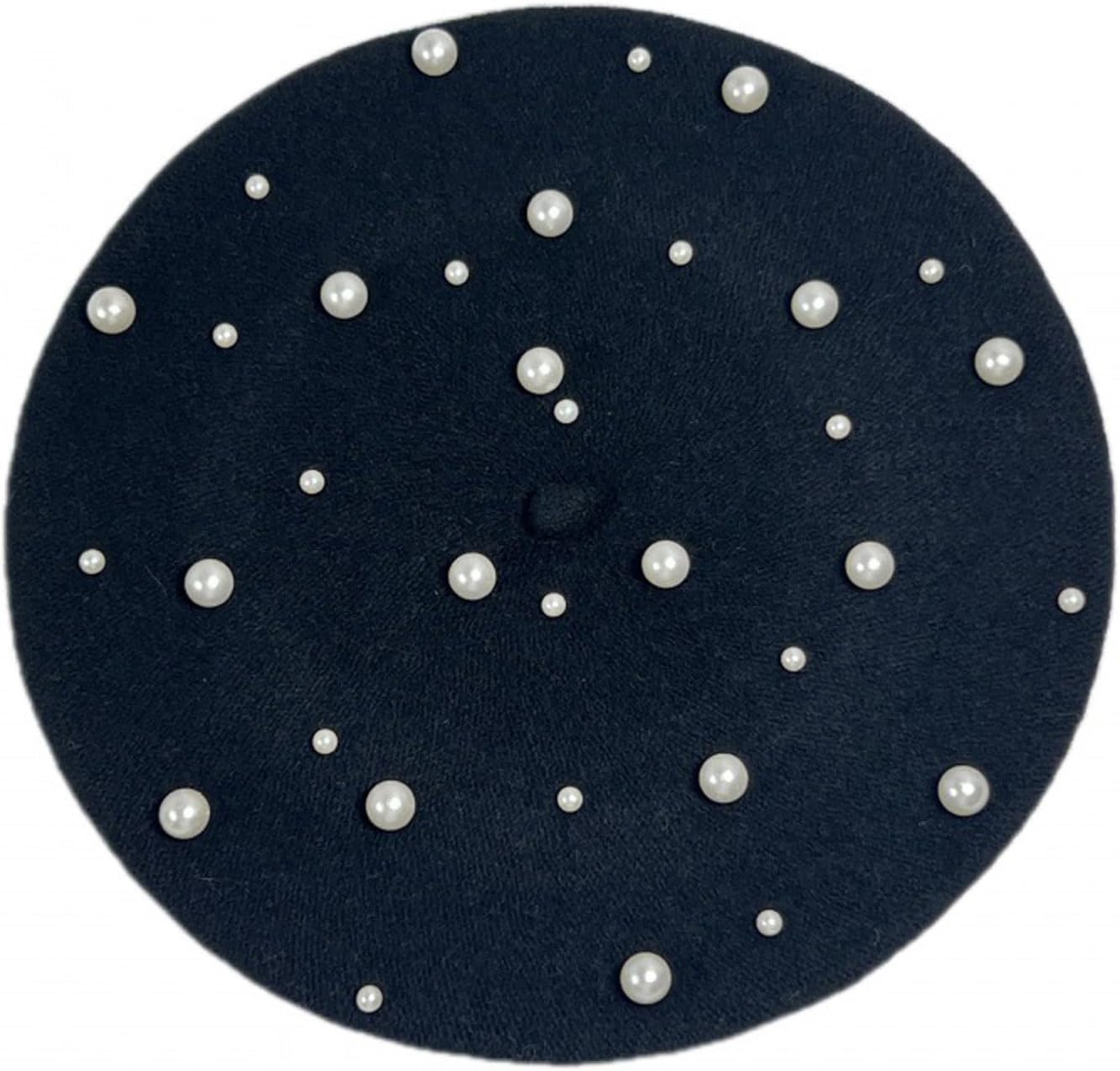Women French Wool Pearl Beret Hats Solid Color Classic Beanie Winter Cap, Black, One size