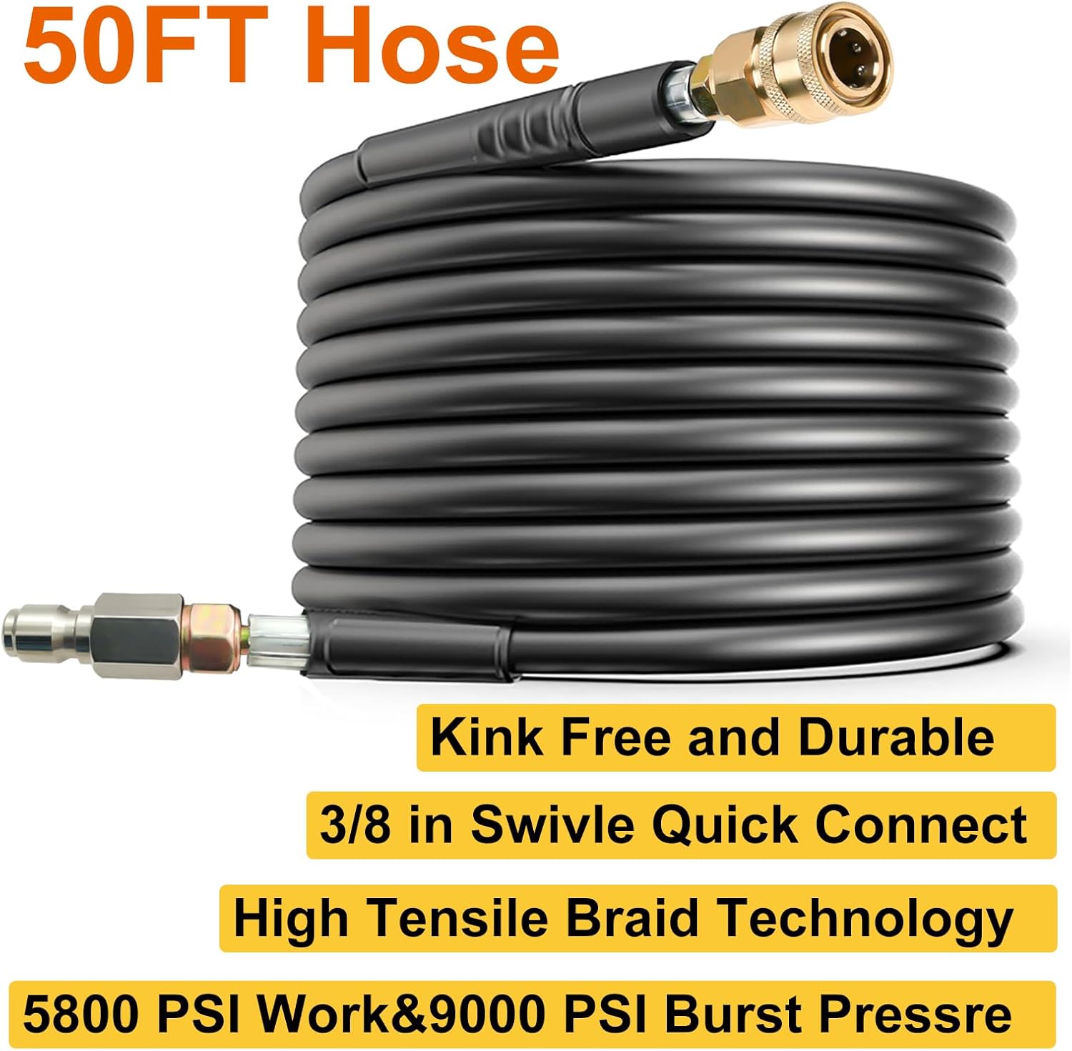 Pressure Washer Hose, Power Washer Hose with 3/8 Inch Quick Connect,5800PSI Kink-Free Pressure Washer Extension Hose, Replacement Power Washer Hose for Gas Electric Pressure Washers (50FT)