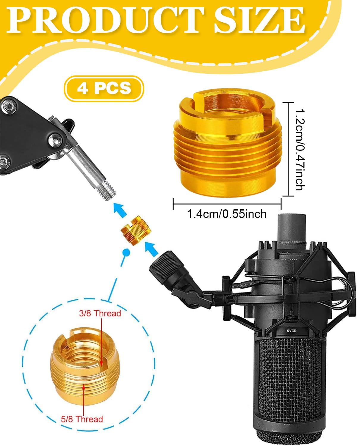 4 pezzi Adattatori Filettati per Microfono, Adattatore Asta Microfono, Adattatori da 5/8" maschio a 3/8" Femmina, Accessori per Clip per Supporto per Microfono