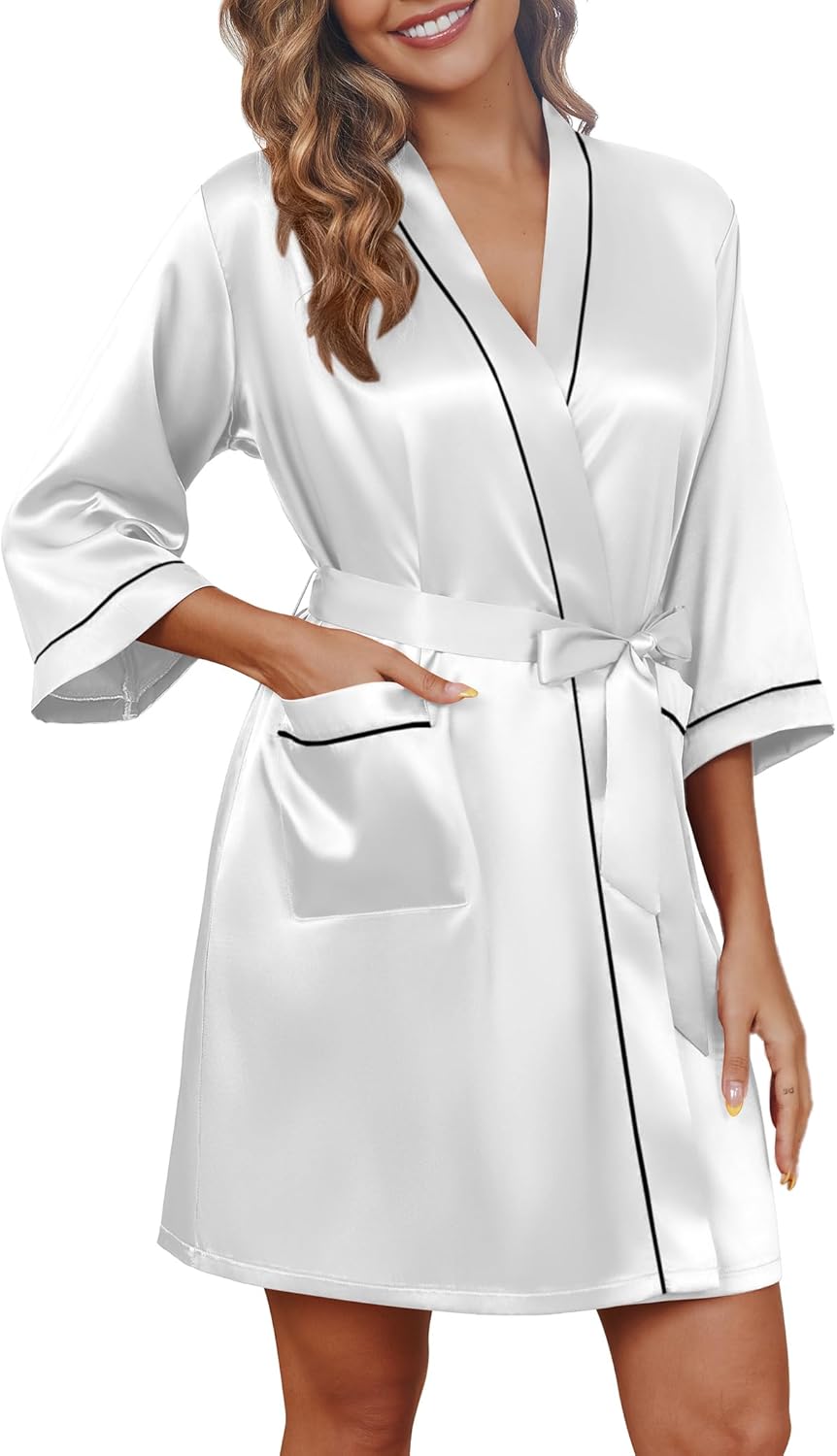 Ekouaer Silky Robes for Women Satin Knee Length Bride Bridesmaid Wedding Party Bathrobe Lightweight Sleepwear with Pockets