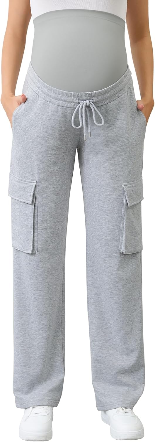 FABRACK Women's Maternity Cargo Pants Sweatpants Over The Belly Casual Comfy Drawstring Pregnancy Pants with 4 Pockets