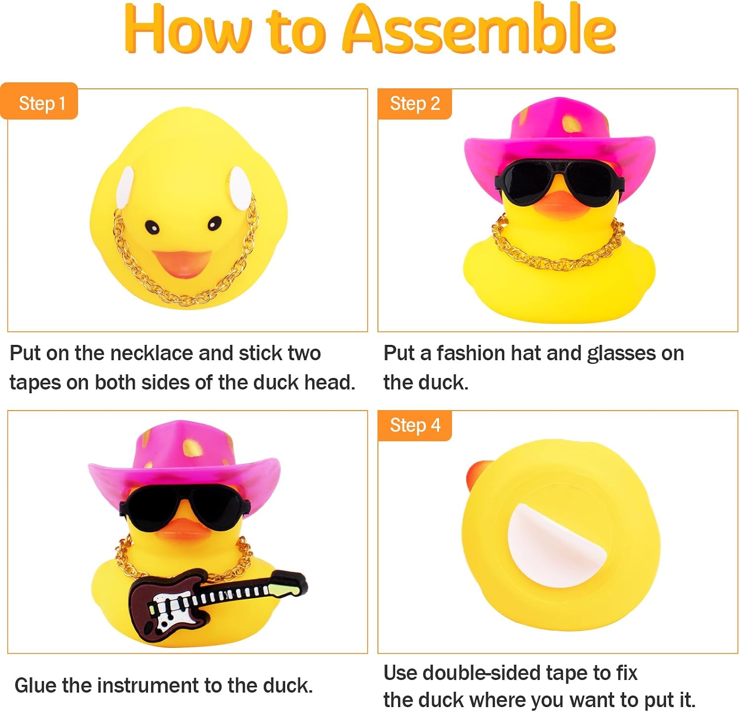wonuu 2Pcs Car Rubber Duck for Dashboard Decorations with Cowboy/Top Hat Sunglasses Necklace Guitar Cars Accessories Ducks Car Ornament, Black+Black image 5