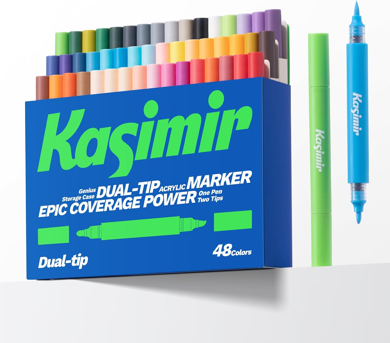 Kasimir Dual-Tip Acrylic Markers Pens - Brush Tip Direct Ink Gel Marker for Art Wood Fabric Glass Rock Multi-Surface, Quick-Dry, Water-Based & Washable 48 Colors