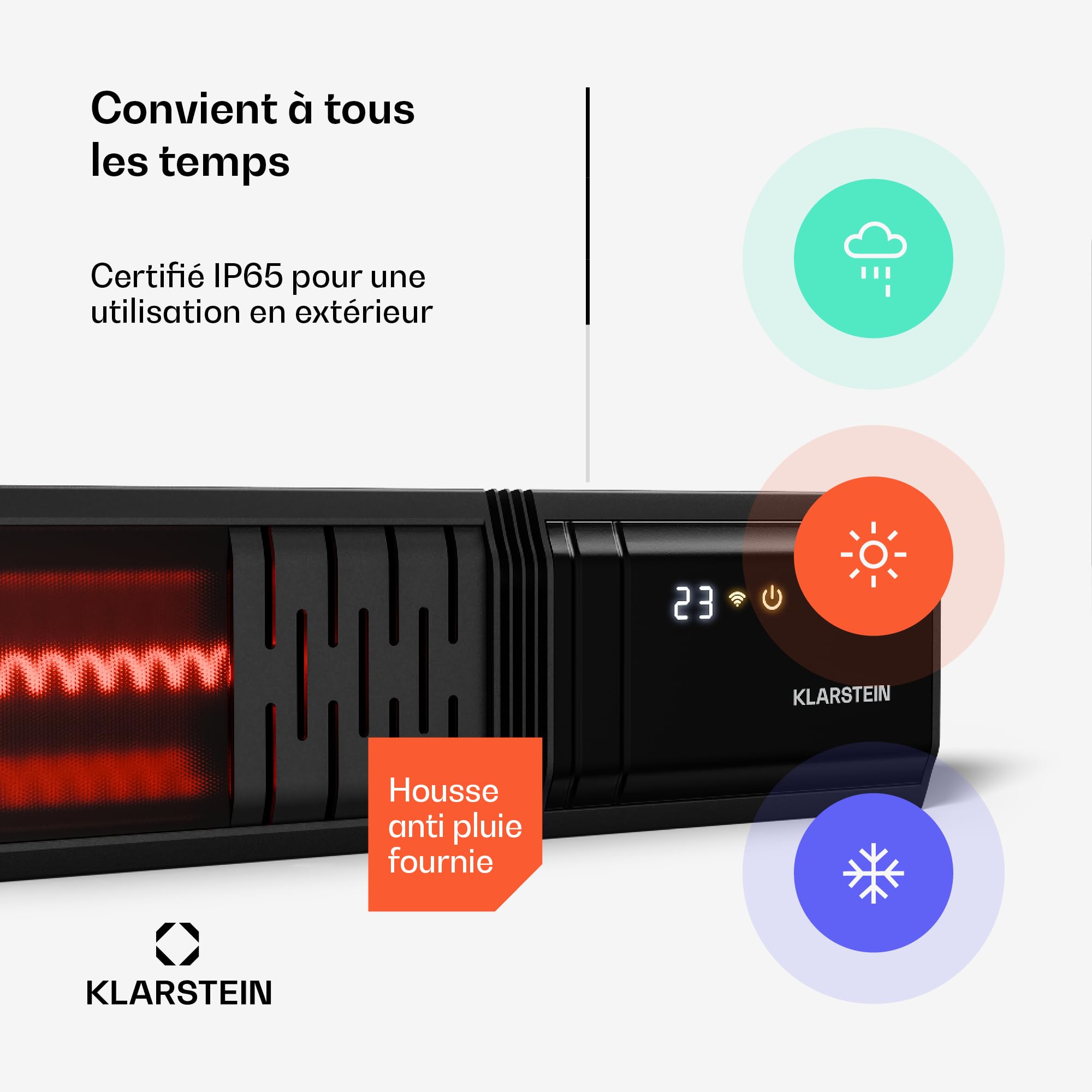 Klarstein Chauffage Infrarouge 2000W – Radiateur Mural IP65, 9 Niveaux, WiFi & Télécommande, Silencieux, Minuterie, Aluminium, Pour Extérieur 15m², Rayonnant Infrarouge