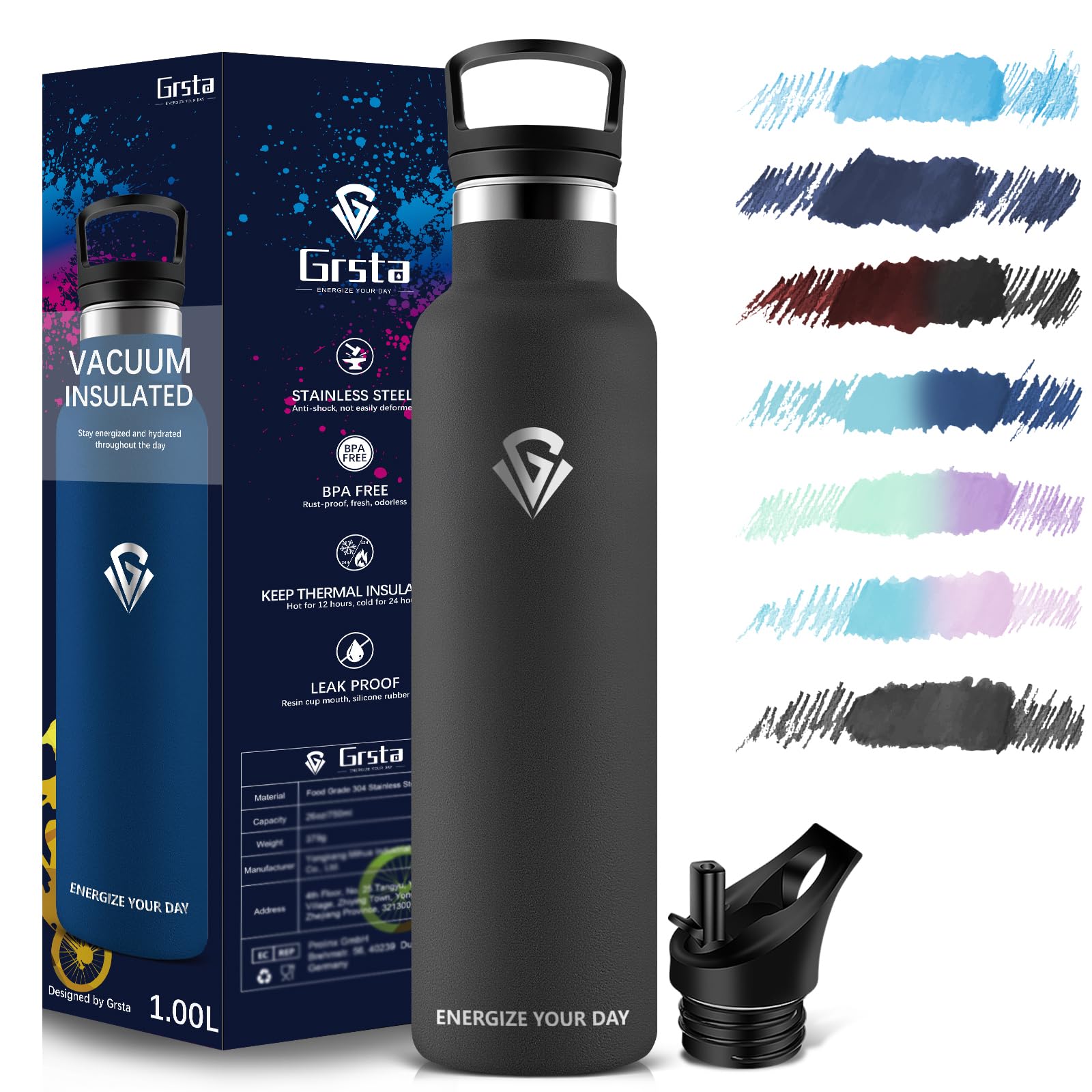 Grsta Borraccia Termica, Borraccia 1 litro, Borraccia con Cannuccia, Borraccia Palestra, Borraccia Acciaio Inox Senza BPA, Bottiglia Termica Senza Perdite, per Sport, Scuola, Yoga