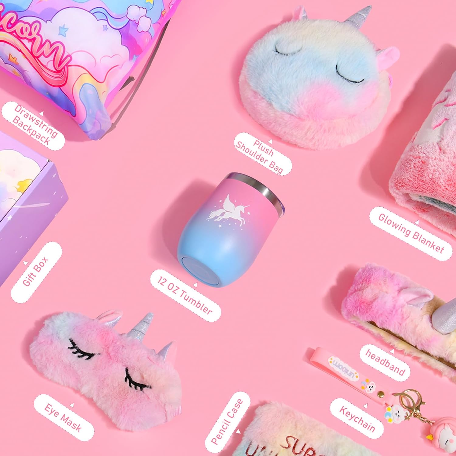 Unicorns Birthday Gift for Girl - Birthday Gift Box for 4-6 5 6-8 Year Old Toddler Girl, Unicorns Gift Toys Age 6-8 Basket, Unique Ideas Gift for Daughter, Unicorns Blanket (Pink)