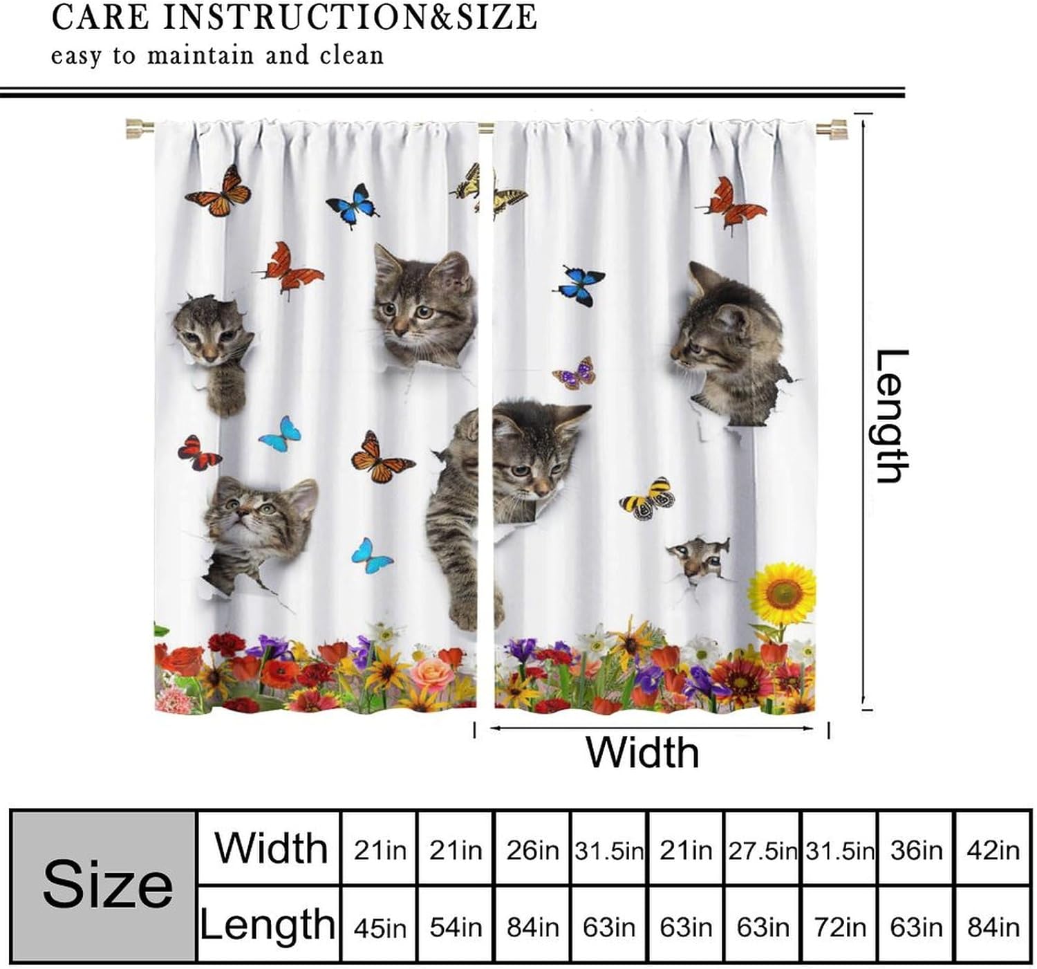 Cat Blackout Curtains, Modern Spring Garden Sunflower Cute Hiding Cat Catch Butterflies Animal Pattern Window Drapes, for Living Room Bedroom 42" W X 45" L