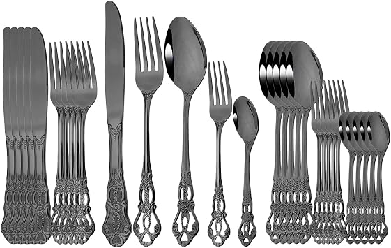 Royal Black Silverware, 30 Piece Flatware Set 304 Stainless Steel Wedding Cutlery With Salad Fork Teaspoon For Home Use Or Restaurant Party, Set for 6, Dishwasher safe