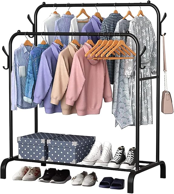 Clothes Rail Metal Garment Rack Freestanding Hanger Display Stand Double Rail Bedroom Clothing Rack with 4 Side Hooks, 1 Tier Lower Storage Shelf for Shoes Boxes 4.92ft Double Rod Coat Drying Rack
