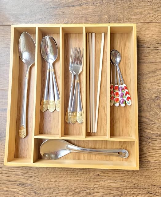 Bamboo Cutlery Organizer Tray Utensil Holder 6 Compartments Wood Drawer Storage. Large Size for , Knife , Forks , spoons