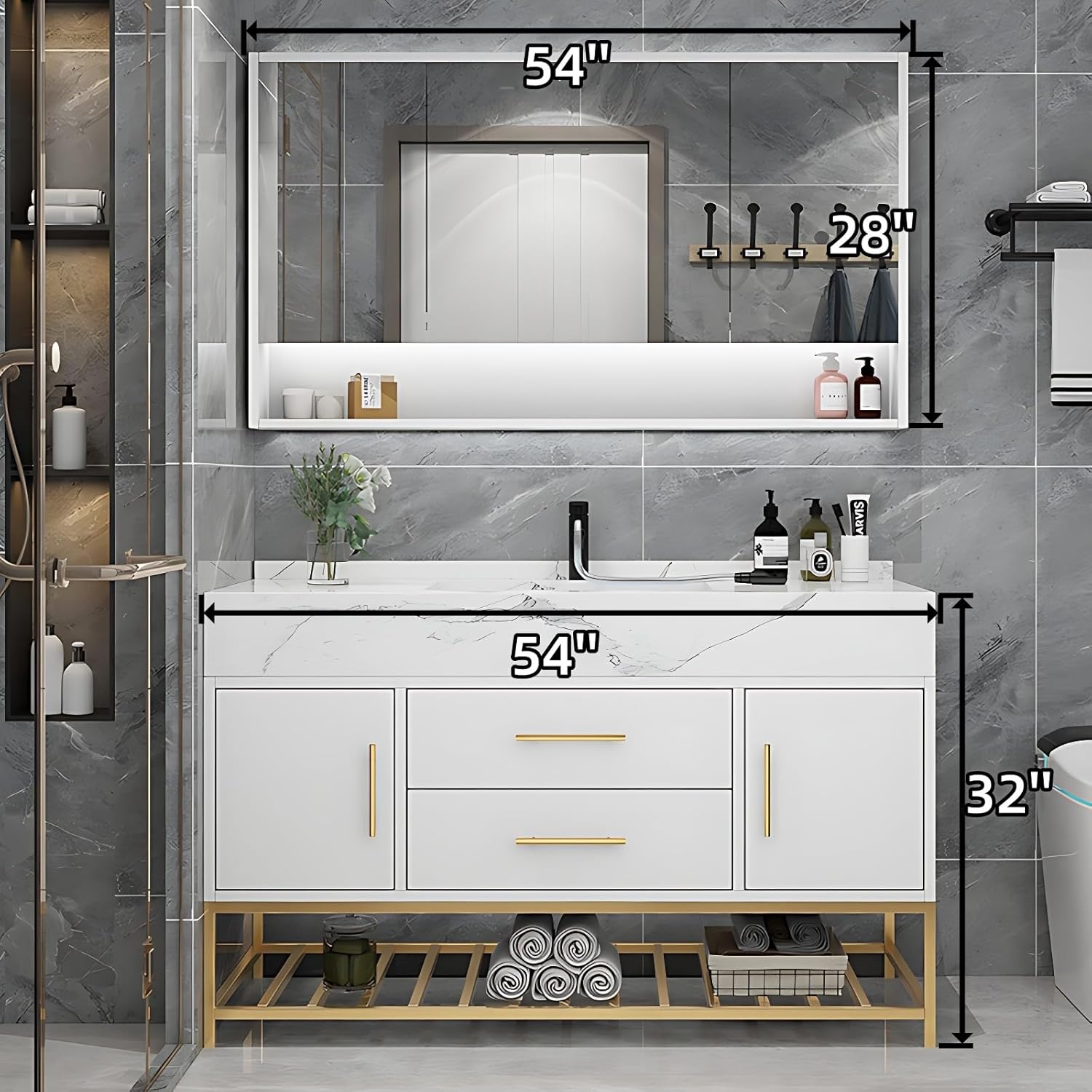 Bathroom Vanity with Sink - Modern Floor-Mounted Installation Single Sink Bathroom Vanity Cabinet & LED Mirror Set with Storage (White, 54'')