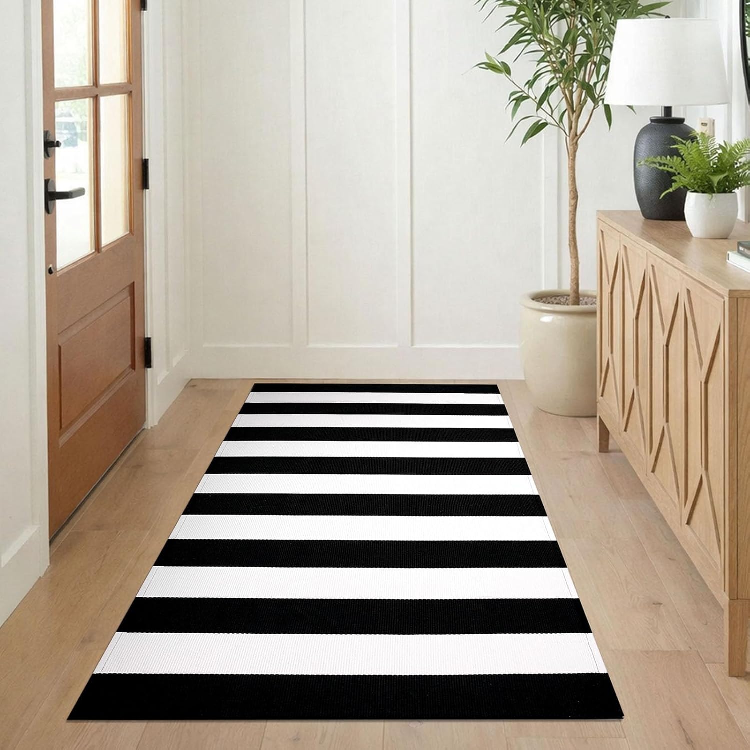 KILOCOCO Black White Striped Rug - 3'X5' Front Door Mat Outdoor, Welcome Mats Rugs Cotton Washable Front Porch Rug Layered Doormats for Kitchen Farmhouse Entryway