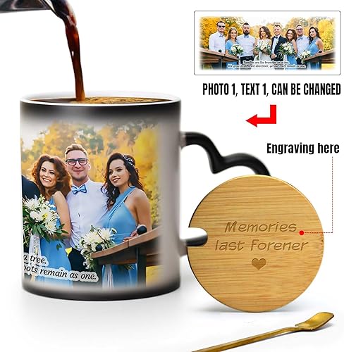 Miniatura 8 de Taza de café que cambia de color con tapa y cuchara, taza personalizada de 10 onzas, taza sensible al calor con tapa grabada de madera y mango de