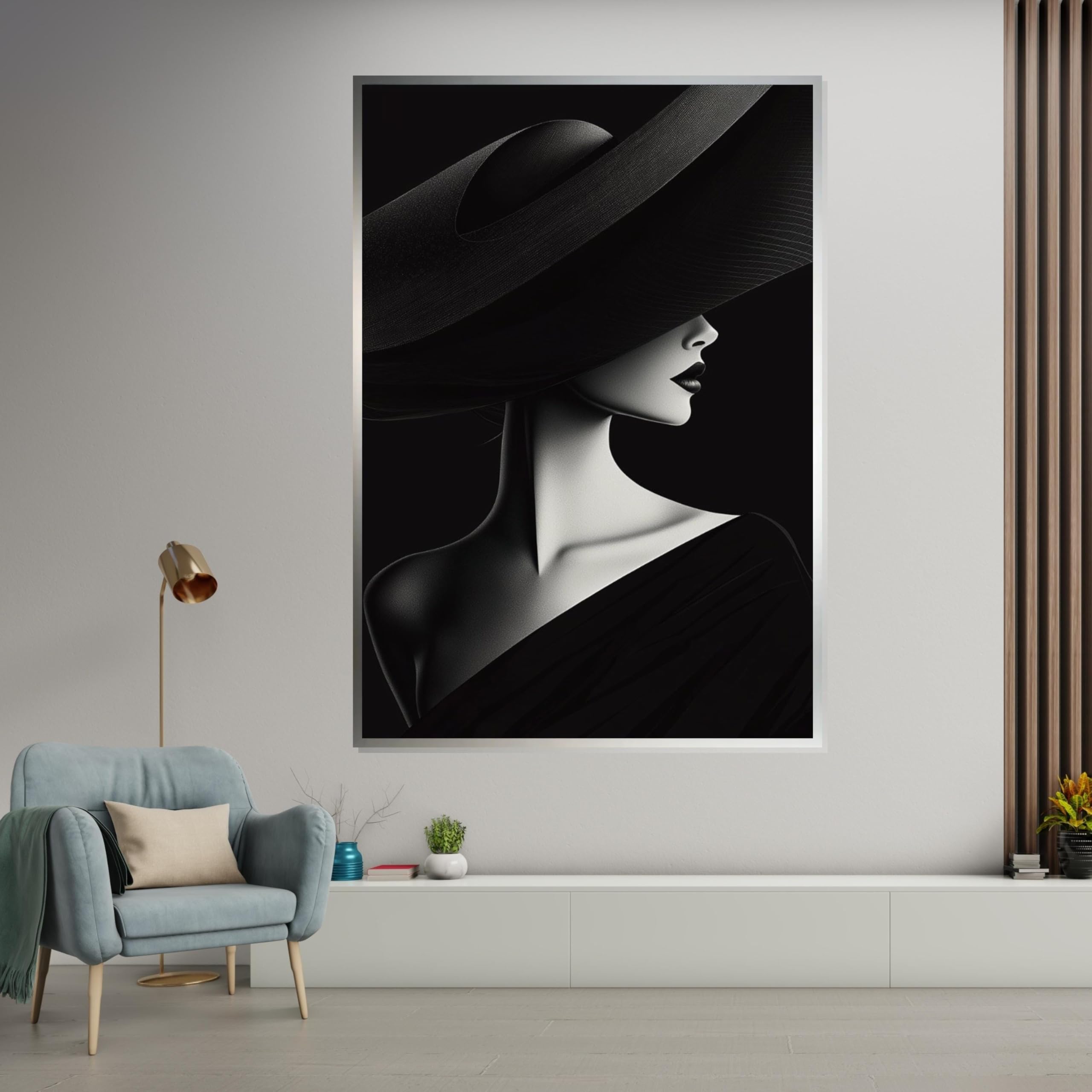 TONGYINLI Kobiecy czarno-biały obraz na płótnie, modny plakat ścienny, stylowy damski plakat w czarnym kapeluszu, dekoracja pokoju (70 x 100 cm/rama wewnętrzna)