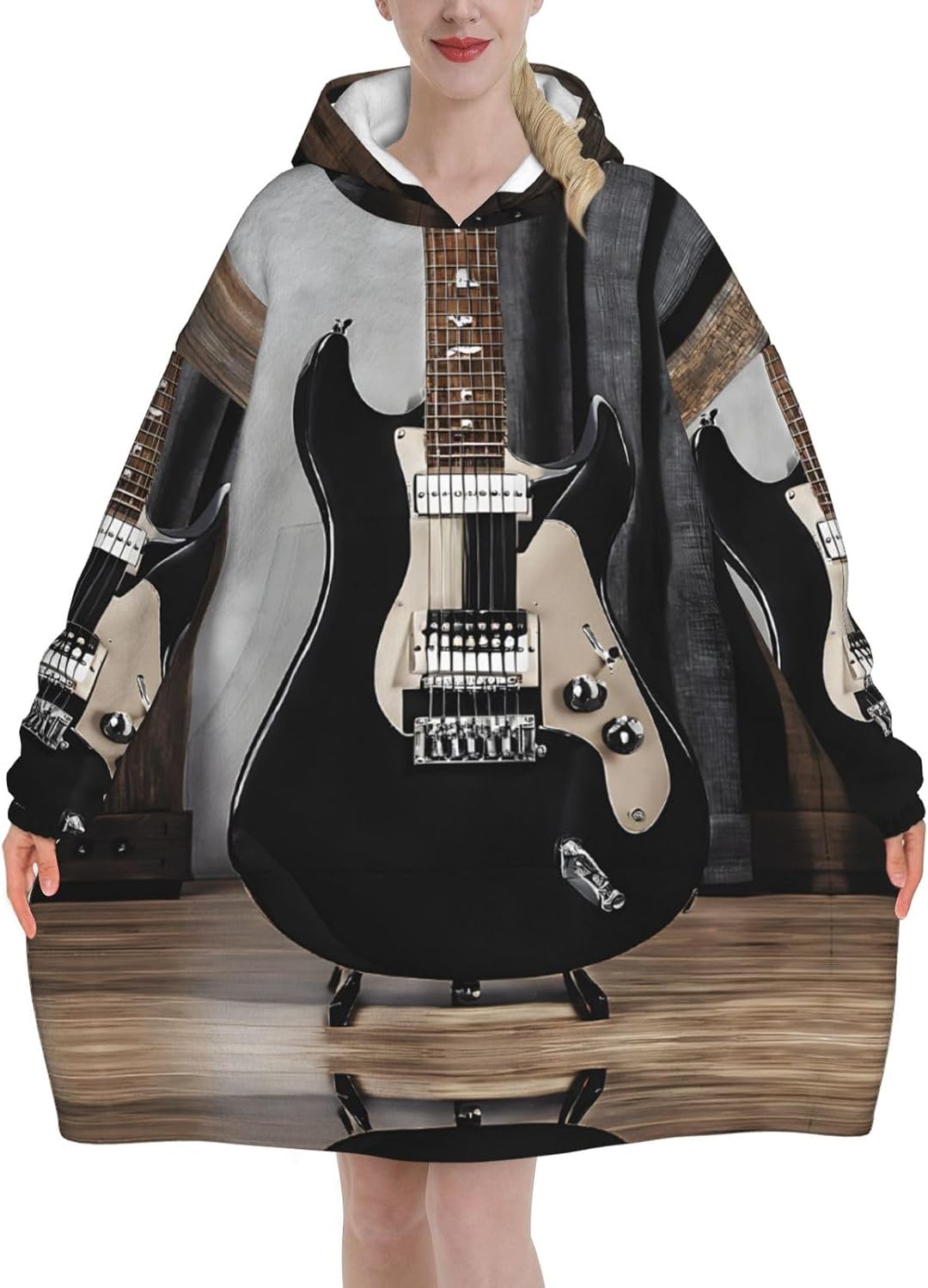 Musical Guitar Print Blanket Hoodie Fleece Sweatshirt Blanket With Sleeves And Pockets