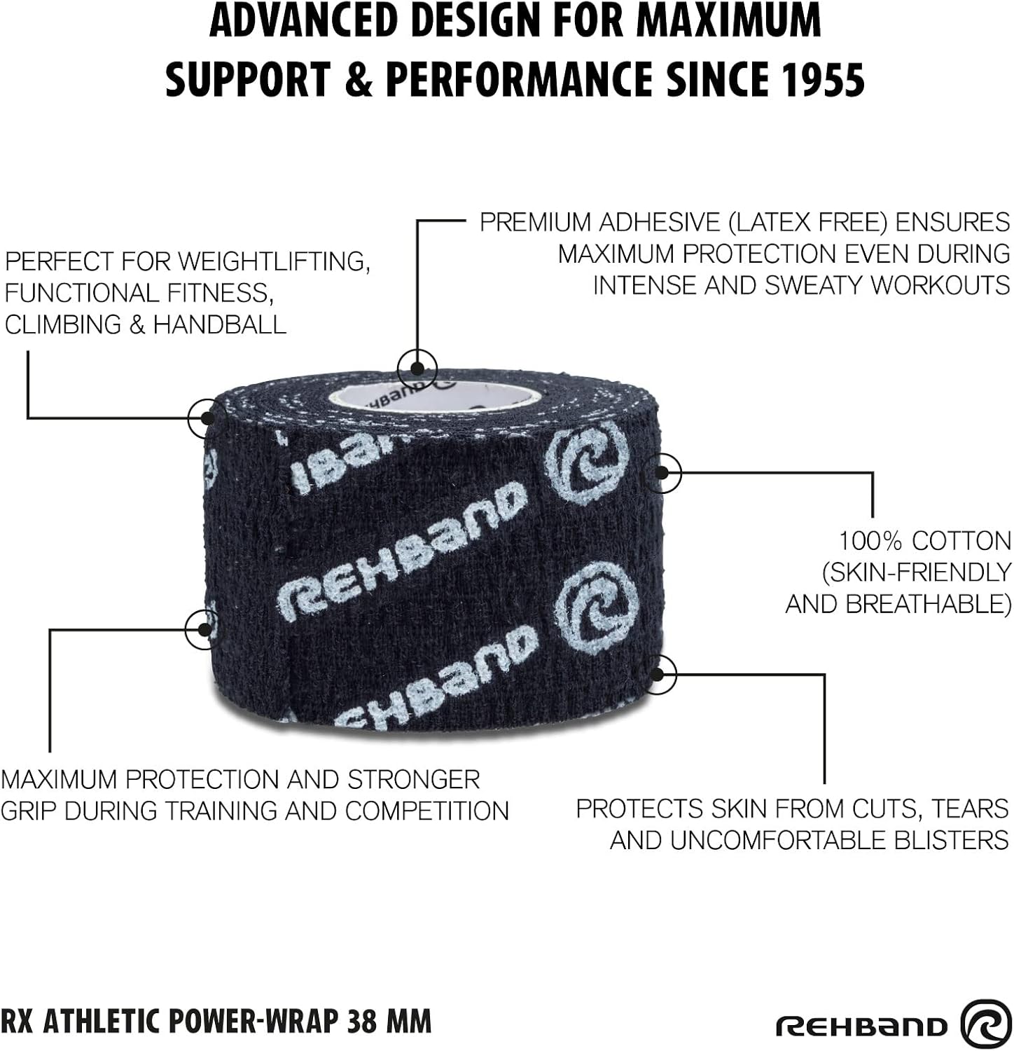 Rehband Non-Slip Athletic Hook Grip Tape, Thumb Tape Crossfit, Powerlifting & Weightlifting Tape - Hookgrip Tape Protects Fingers Against Blisters