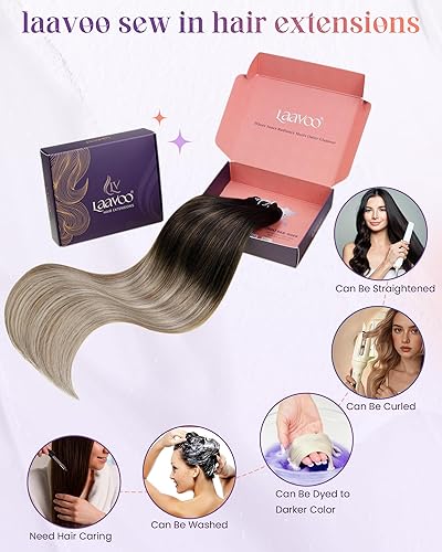 Miniatura 69 de LaaVoo Extensiones de cabello humano real para coser, extensiones de cabello humano de doble trama, color negro azabache, 18 pulgadas, 3.53 onzas