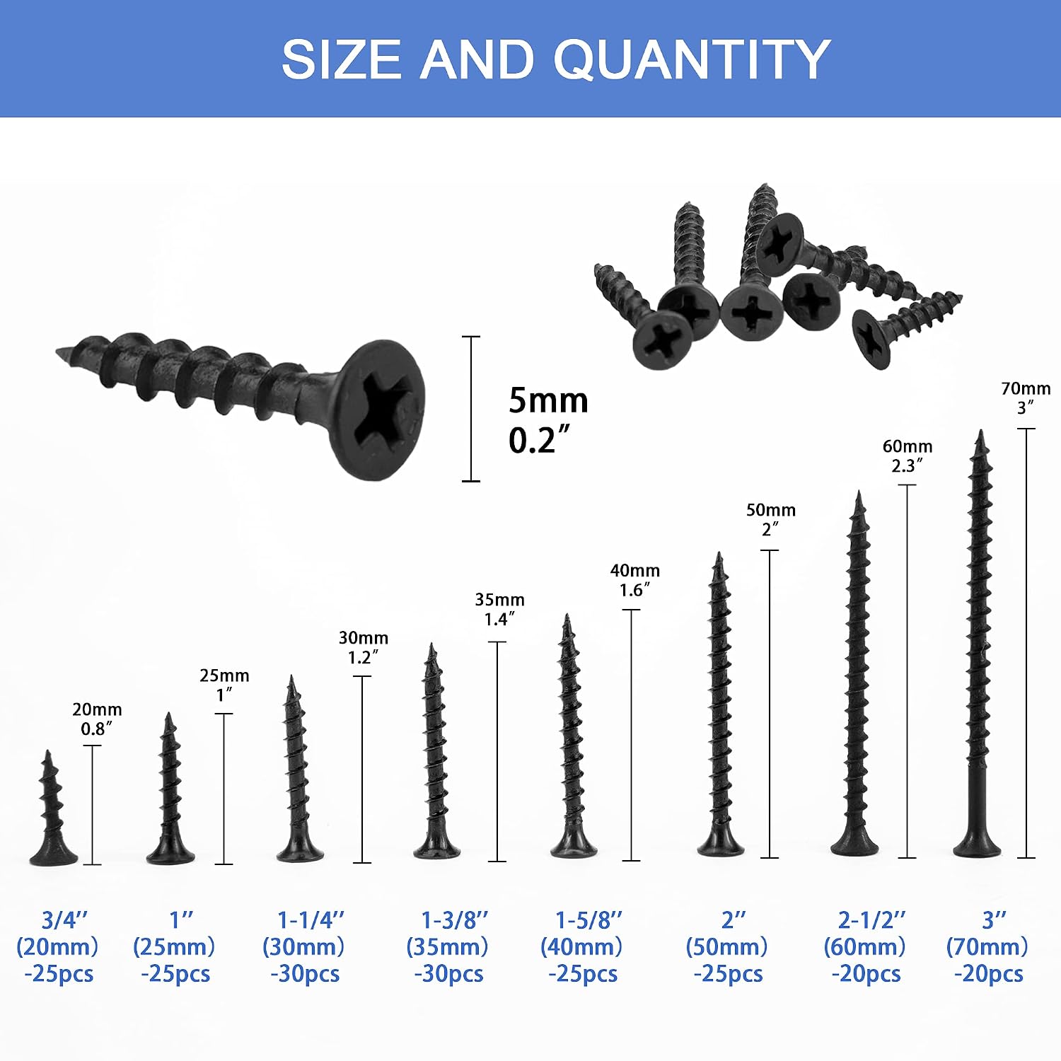 XOOL 200PCS Drywall Screws #7 Coarse Thread Sharp Point Self Tapping Screws Assortment Kit Black, Carbon Steel Wood Screws for Drywall Sheetrock, Wood, Furniture Cabinet