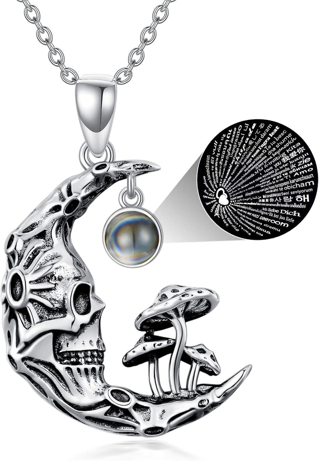 Skull Pendant Necklace 925 Sterling Silver with Birthstones/Synthetic Moonstone/100 Languages Stone Gothic Jewelry Halloween Gifts for Women Wife Mom