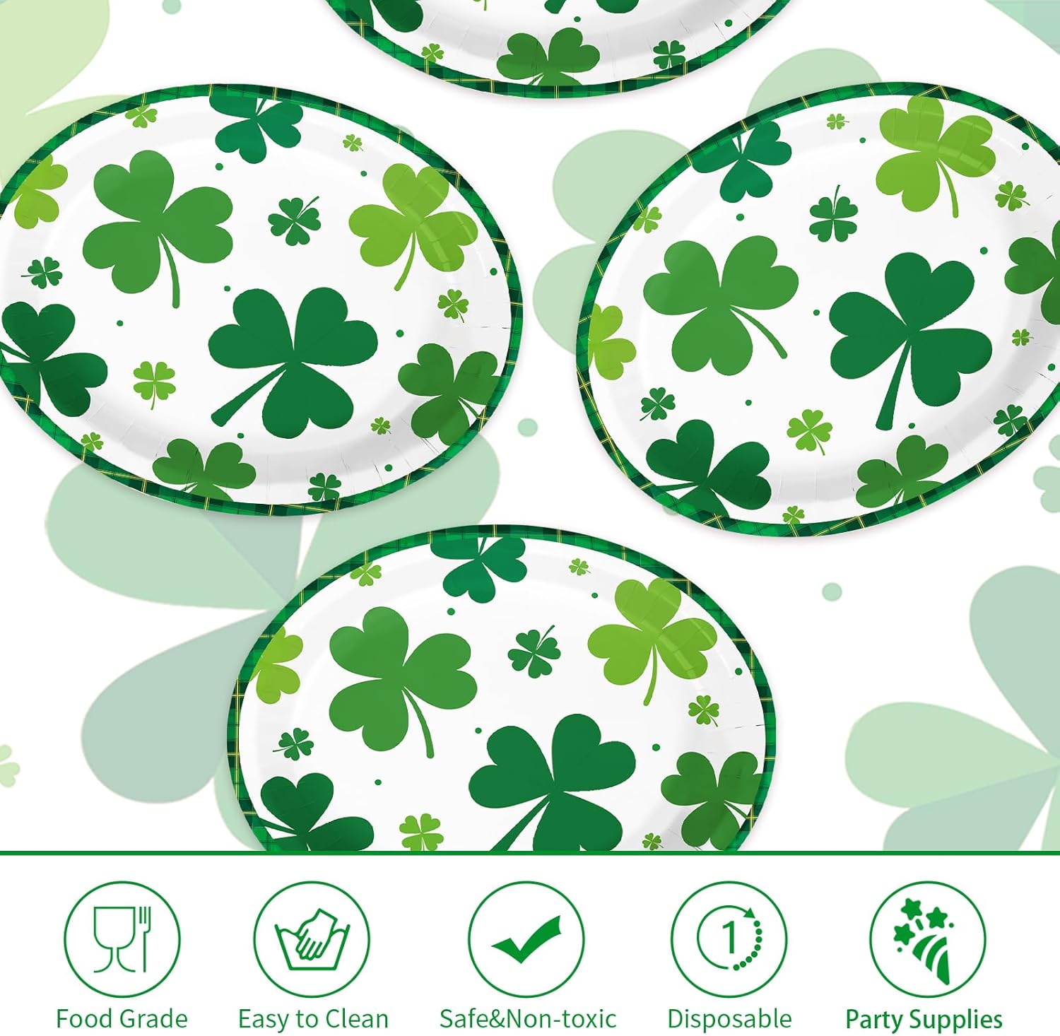 50Pcs St. Patrick’s Day Oval Paper Plates 10" x 12" Large Heavy Duty Disposable Spring Green Irish Shamrock Dessert Platters Lucky Clover Plates for Summer Holiday Festival Party Supplies Decoration