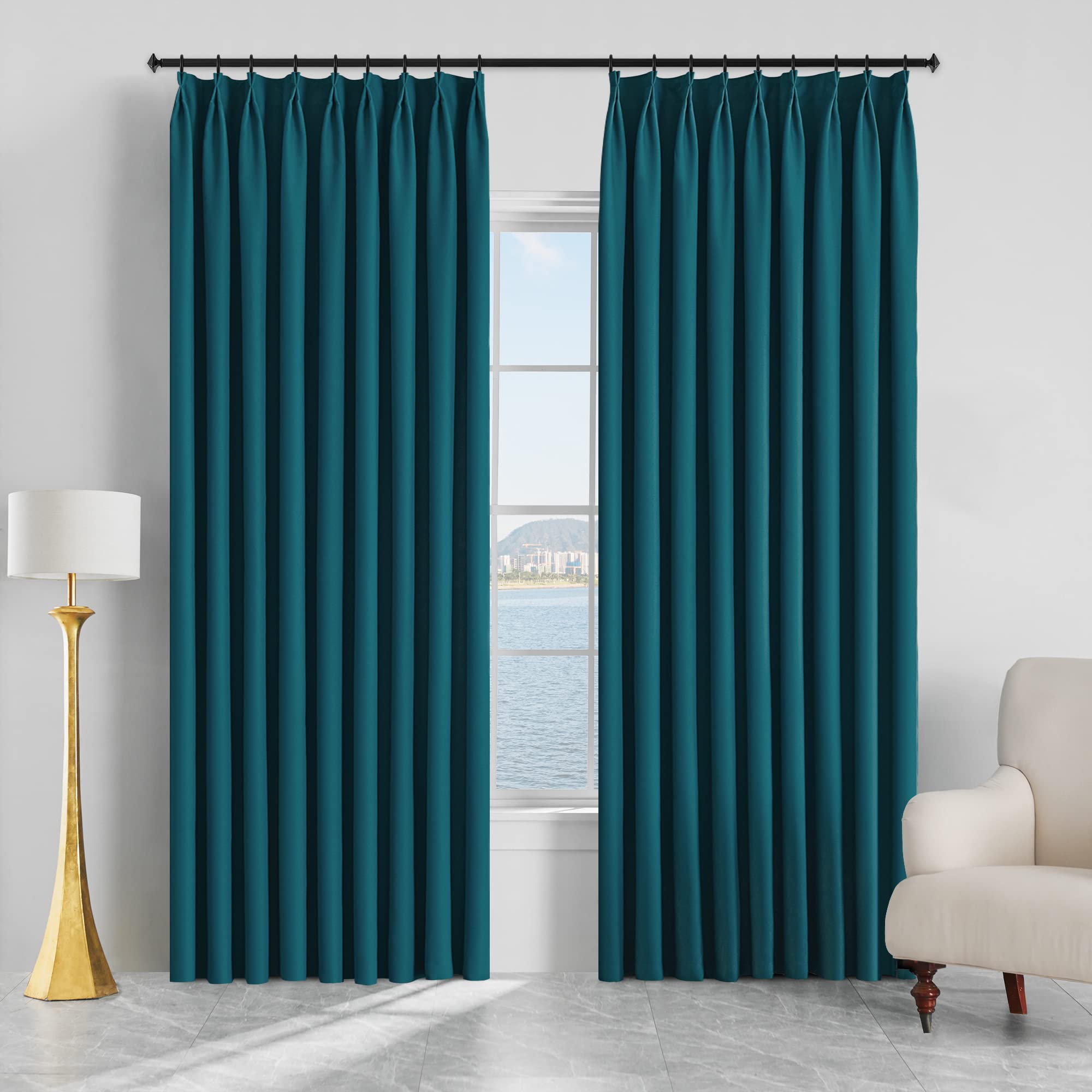 Blackout Pinch Pleated 120 Inches Long Curtain Panel, Thermal Insulated Pleated Drape with Hooks Tieback for Patio Door Living Room Bedroom (Teal, W54 x L120, 1 Panel)