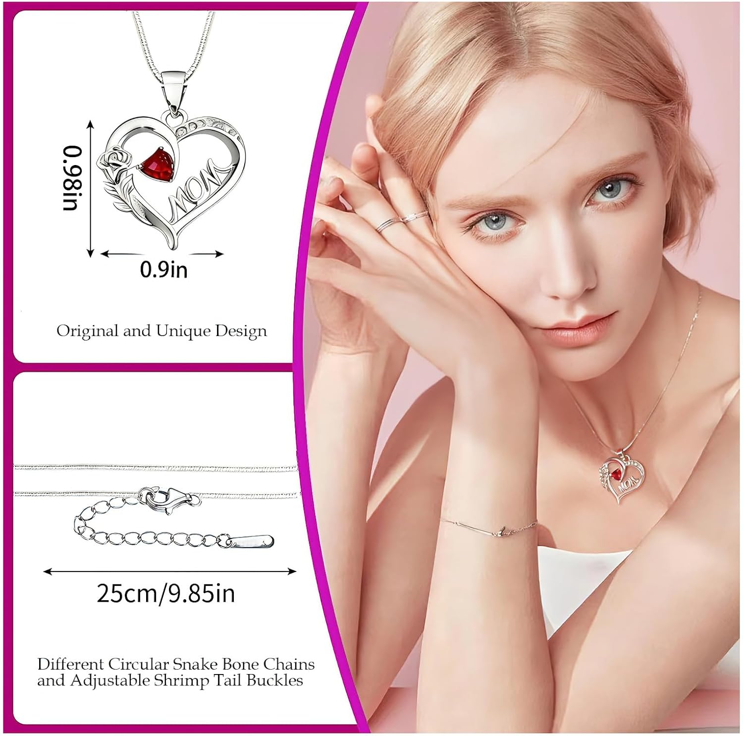 Mom Necklace - Mother Gifts for Mom Nana Grandma, Fashion Jewelry -Heart Rose Necklaces with Red Agate for Mother In Law, Gifts from Daughter Son, Stainless Steel - Image 3