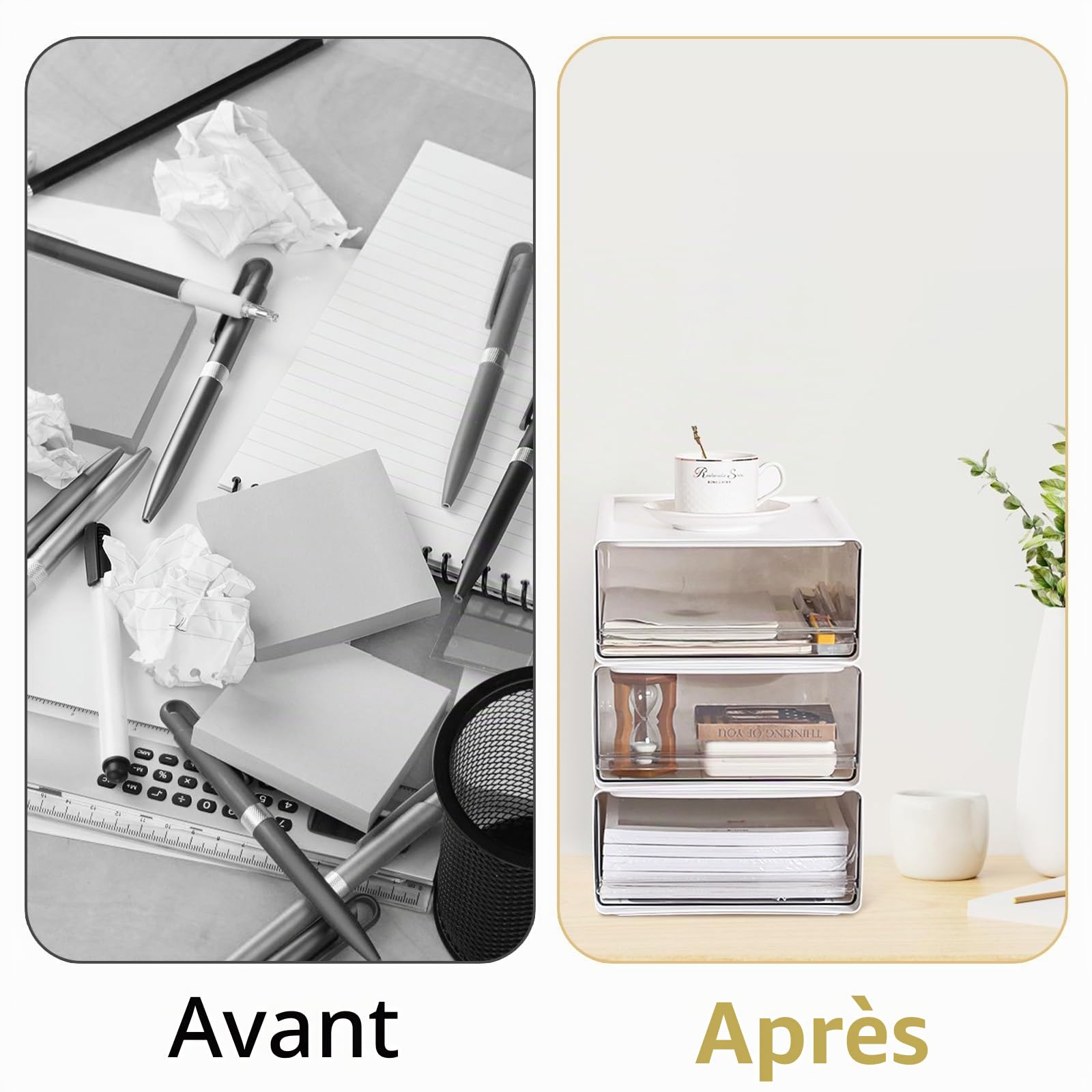 Lot de 4 organiseurs de bureau empilables avec 4 tiroirs, boîtes à tiroirs blanches transparentes avec étiquettes, organiseur de bureau en plastique pour maquillage, maison, coiffeuse (4 pièces, blanc