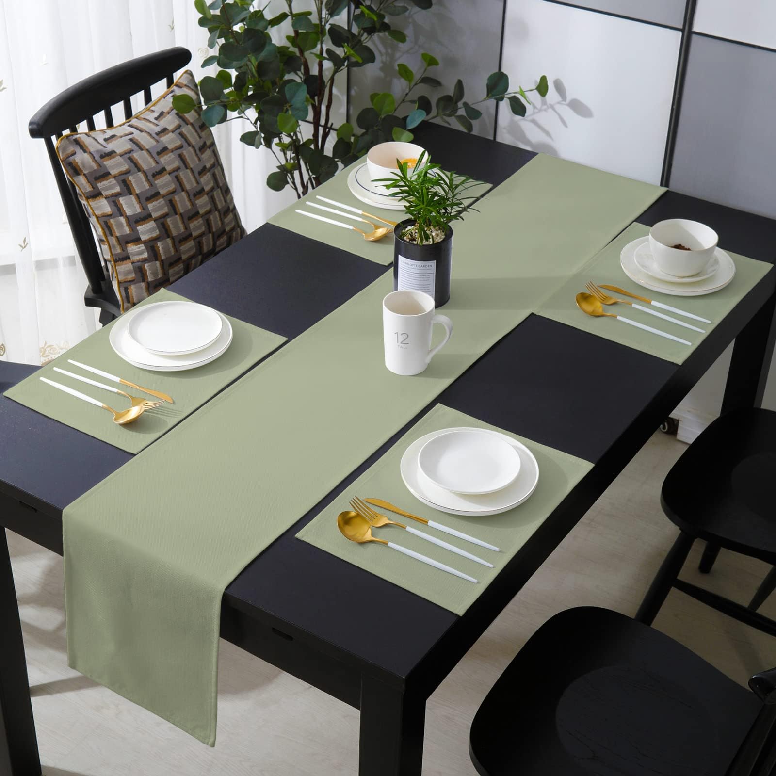 Sage Green Placemat with Matching Table Runner Cotton Linen Burlap Table Top Set Coffee Mat,Abstract Modern Minimalist Soild Color (6PCS Place Mats + 1 13"x90" Runner) for Kitchen Dinner Party Wedding