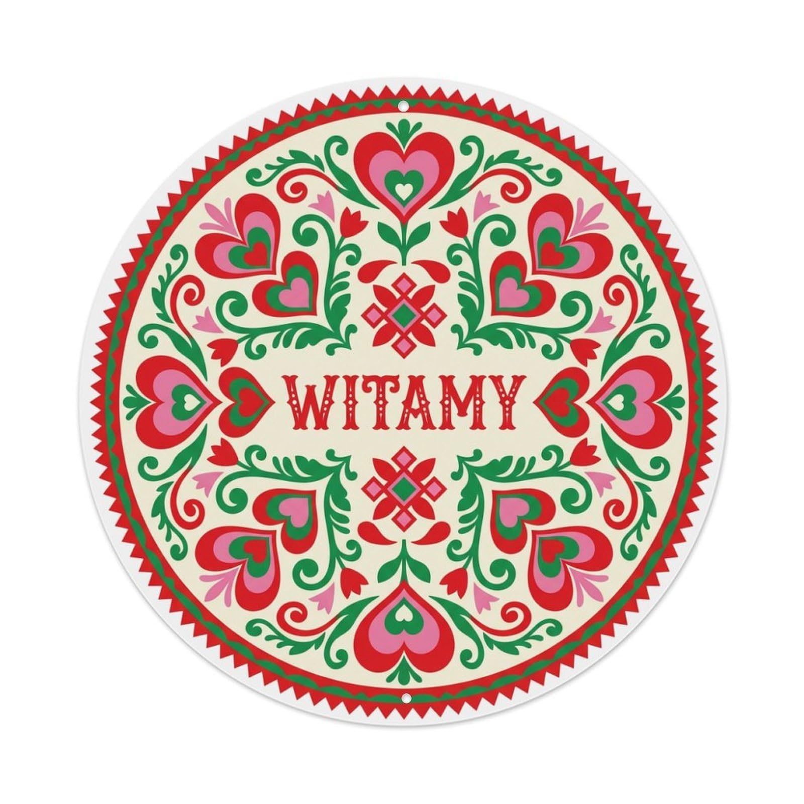 Fyrn Style Metal Tin Sign Vintage Polish Folk Art Witamy Welcome Heart Motif