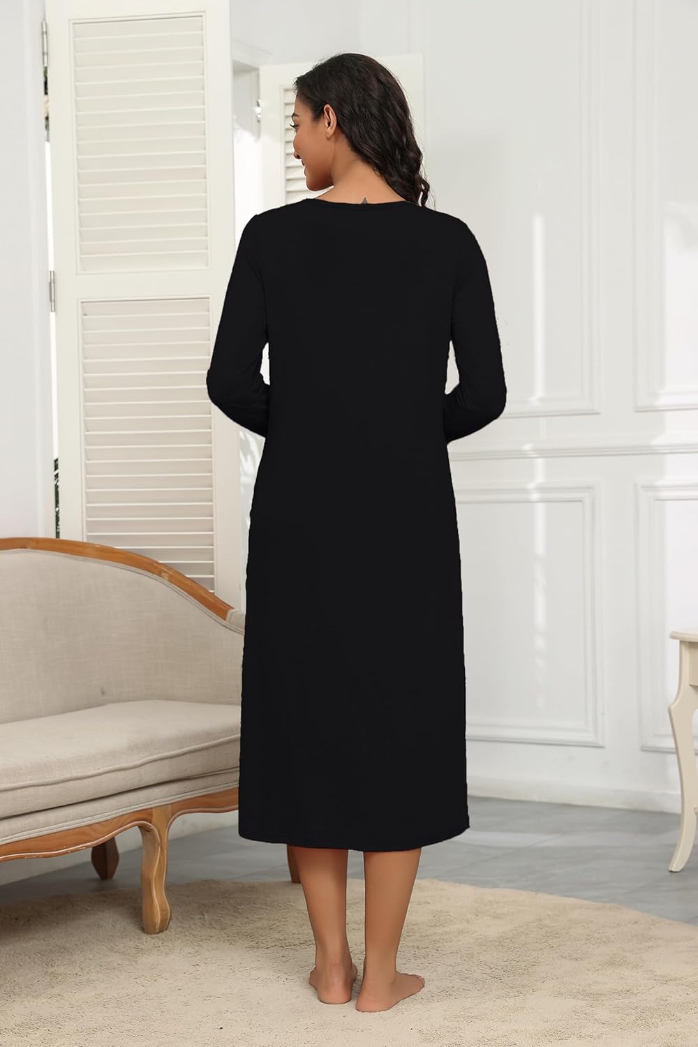 Ekouaer Women's Long Sleeve Nightgown Full Length Pajama Dress with Pockets V Neck Nightshirts Lace Trim Sleepwear - Image 7