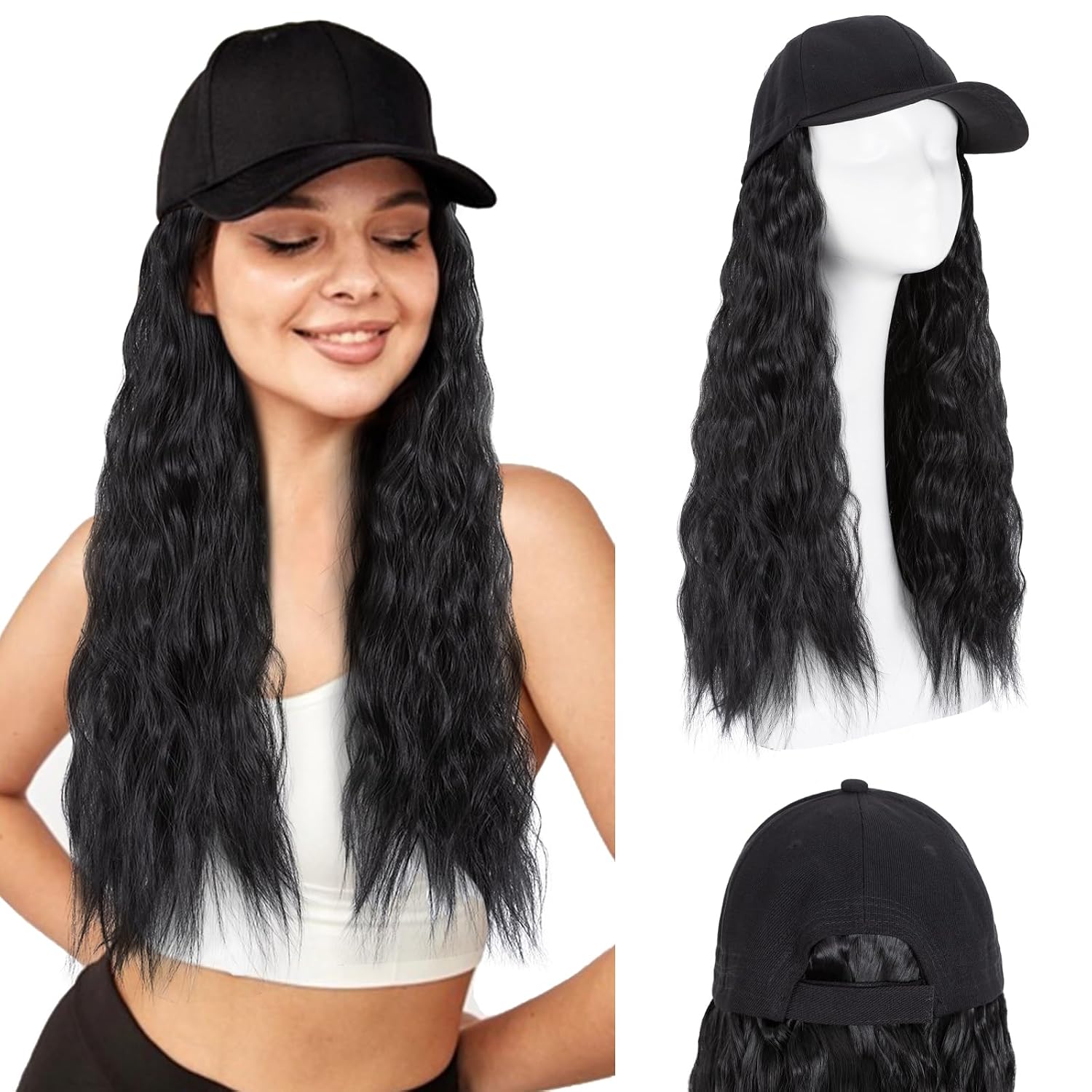 Hairro Hat Hair Extensions Baseball Cap With Hair Attached Synthetic Curly Corn Wave Wig Yaki Natural Adjustable #1 dark black